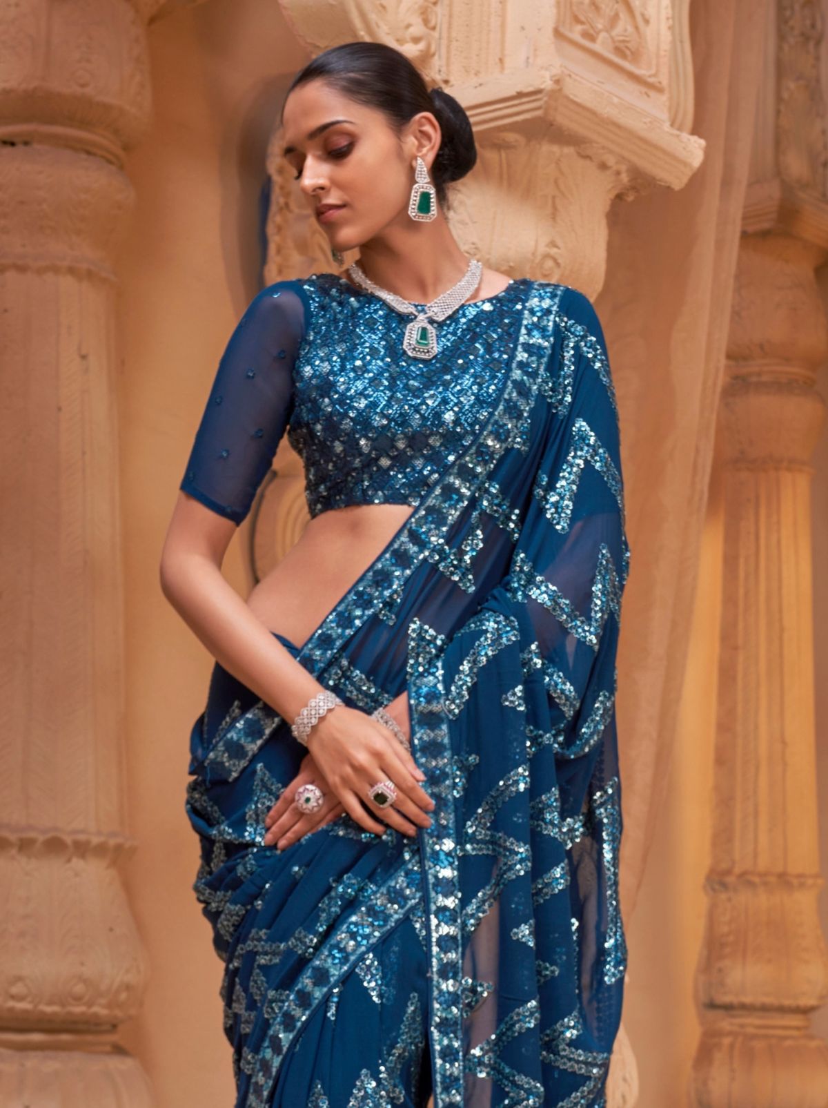 Berry Blue Luxury Georgette Silk Saree With Sequin & Thread Work