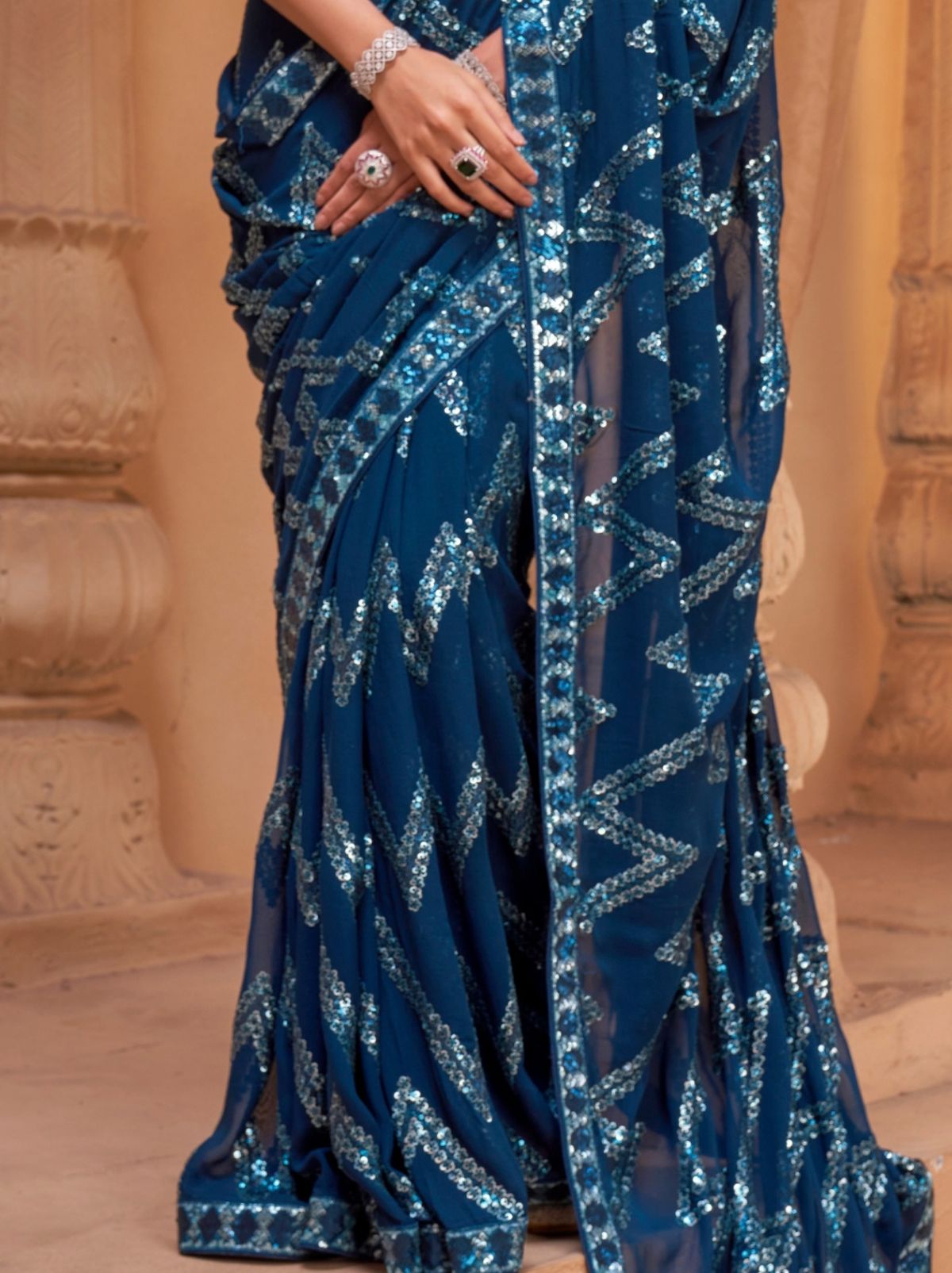 Berry Blue Luxury Georgette Silk Saree With Sequin & Thread Work