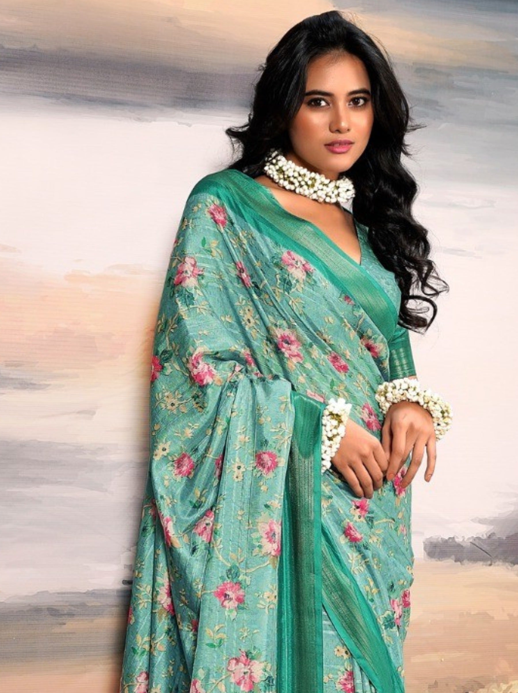 Tiffany Blue Organza Festive Saree - TrendOye