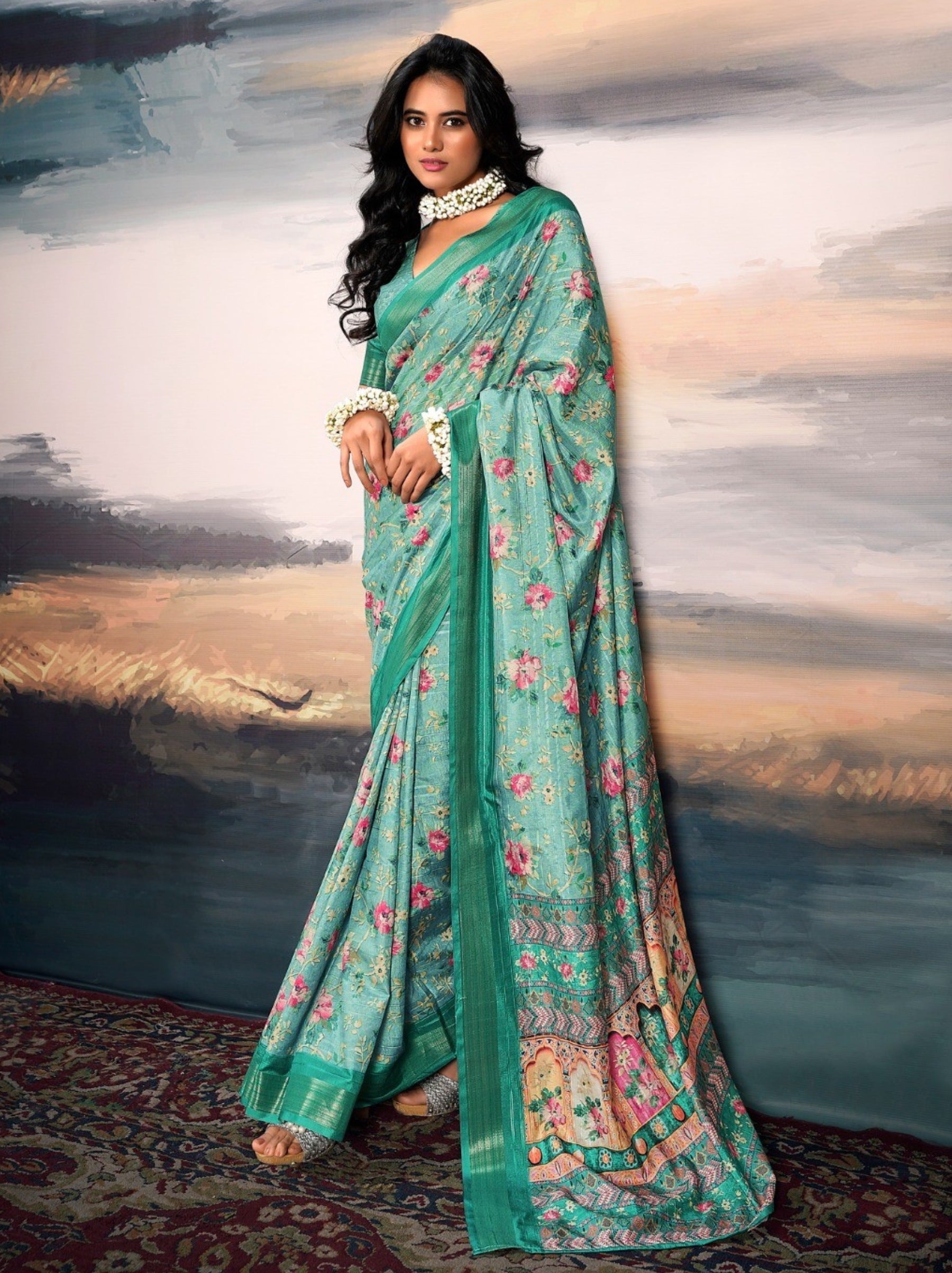 Tiffany Blue Organza Festive Saree - TrendOye
