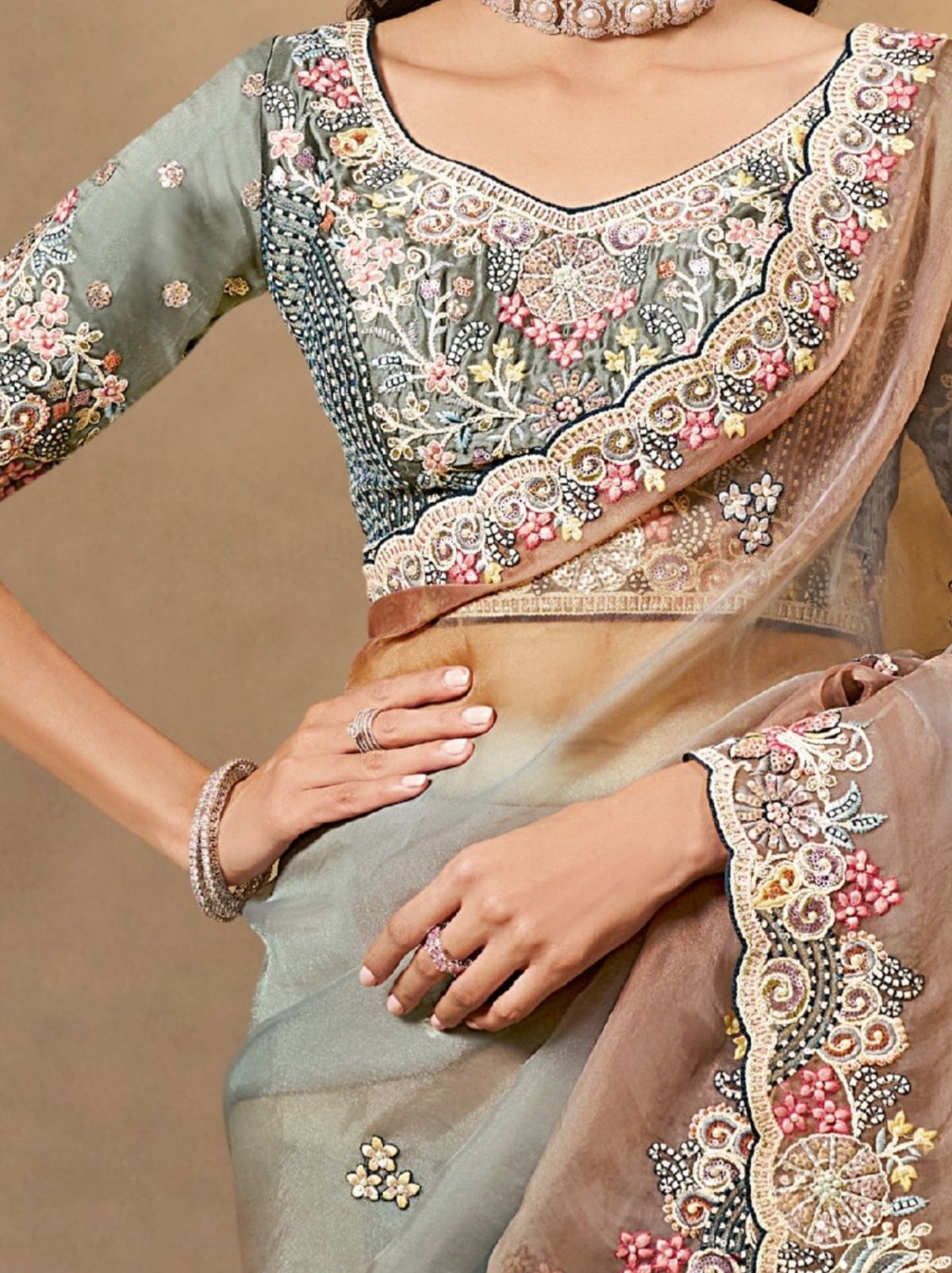 Sky Blue Organza Satin Wedding Saree With Blouse Piece