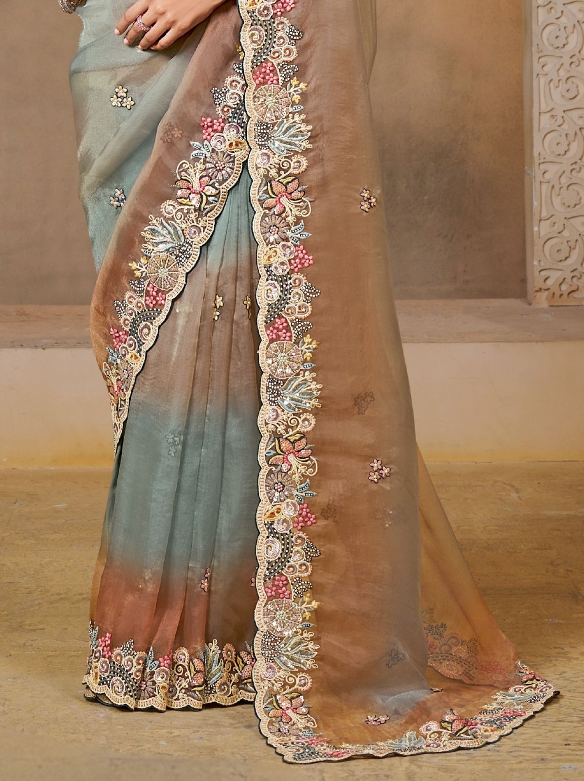 Sky Blue Organza Satin Wedding Saree With Blouse Piece