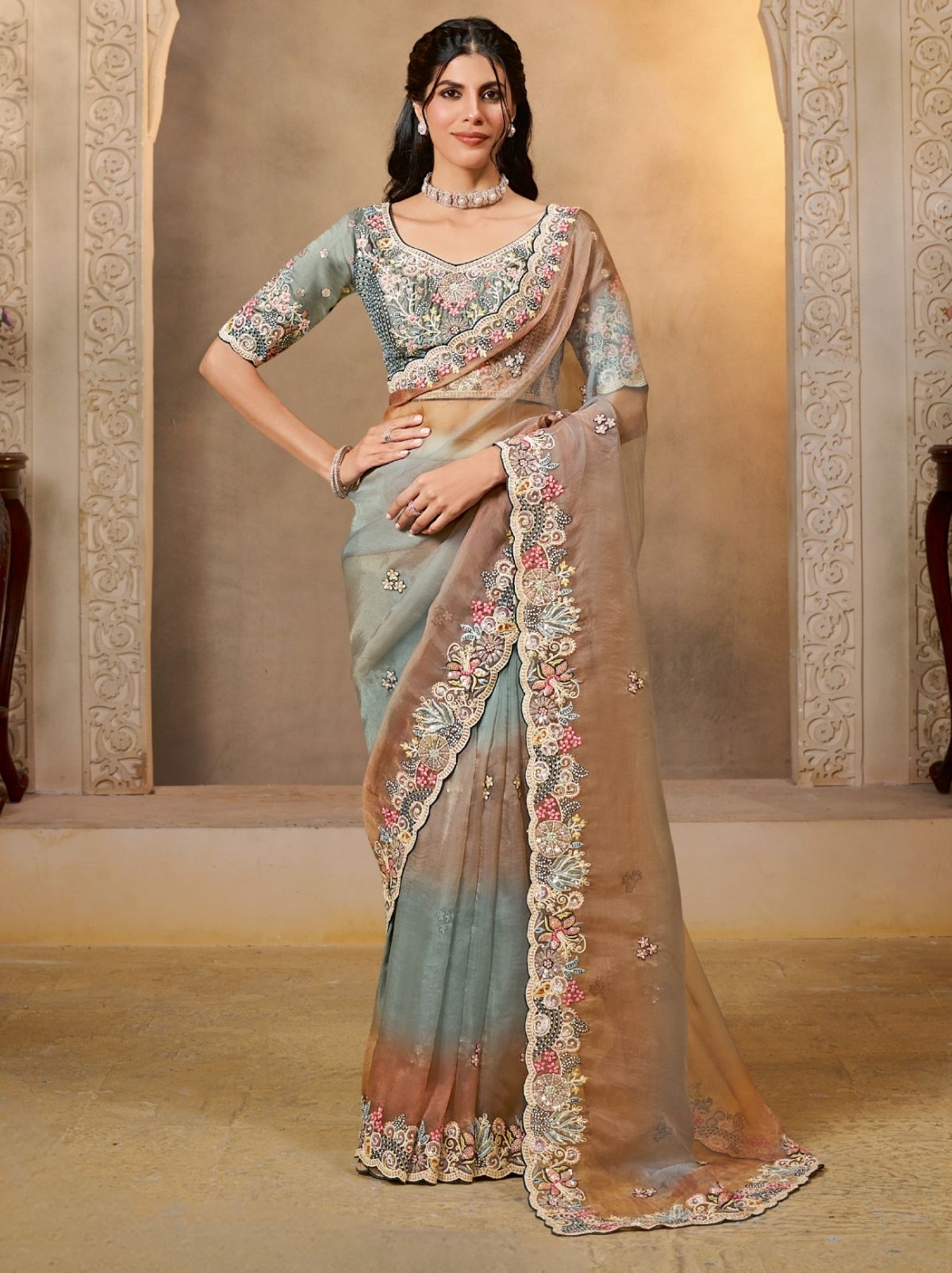 Sky Blue Organza Satin Wedding Saree With Blouse Piece