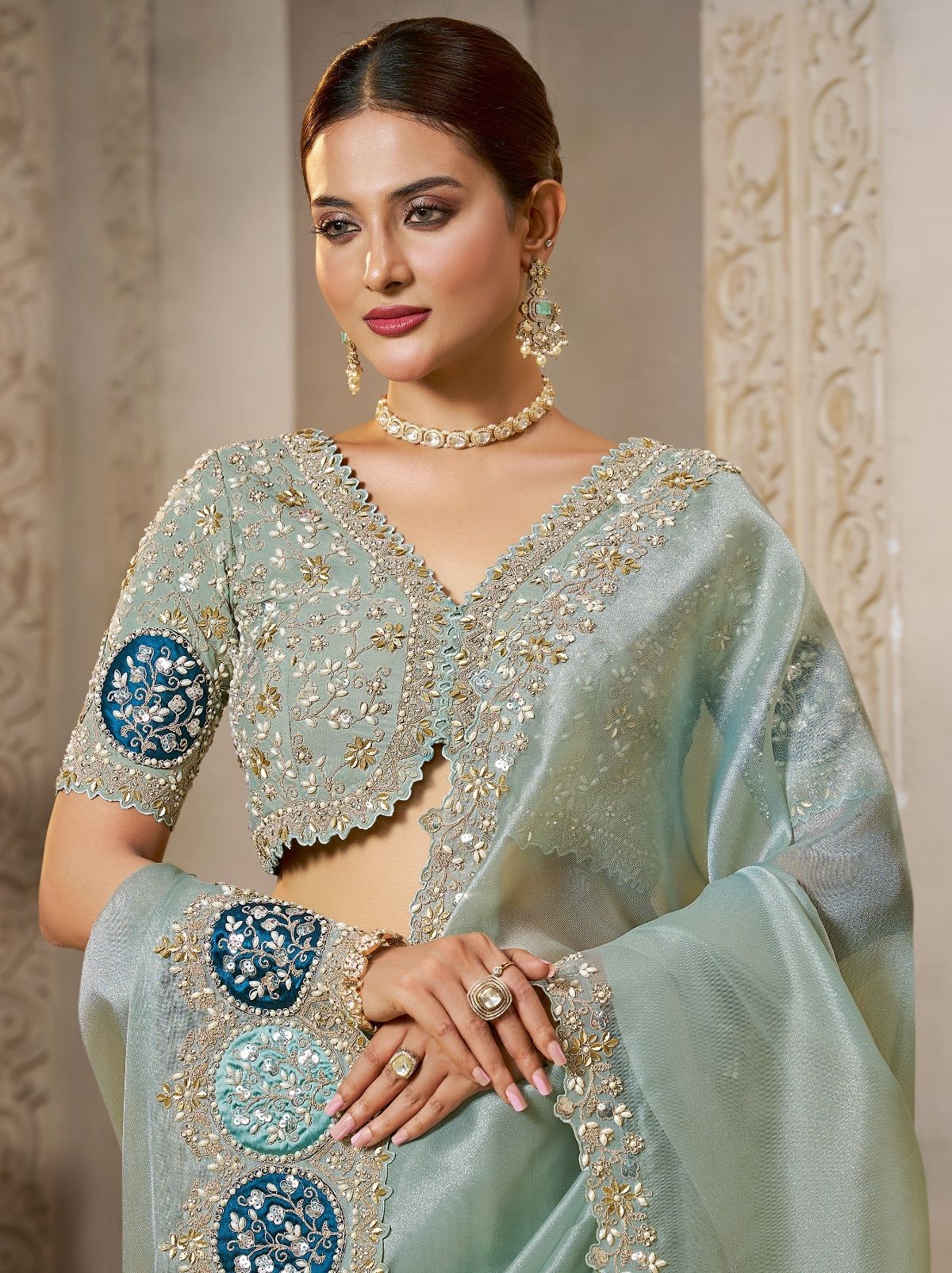 Baby Blue Organza Tissue Silk Saree With Stonework