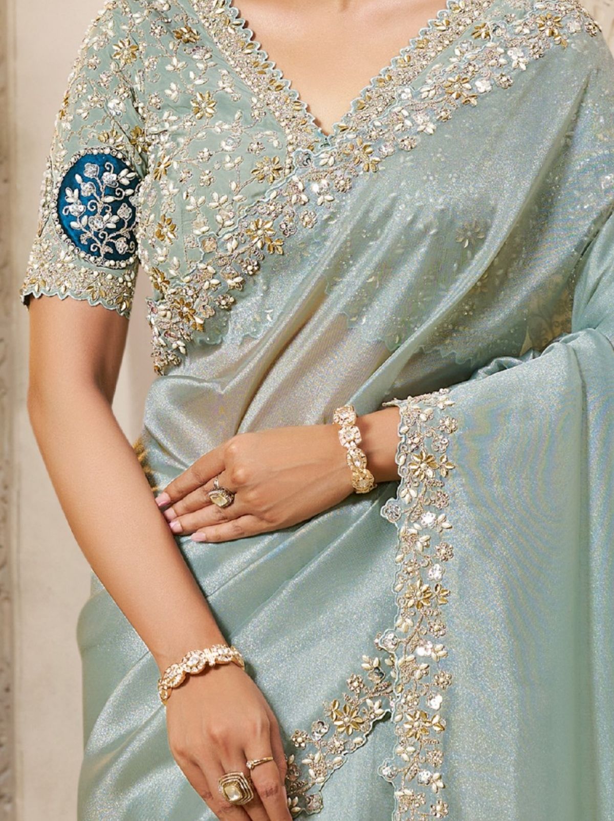 Baby Blue Organza Tissue Silk Saree With Stonework