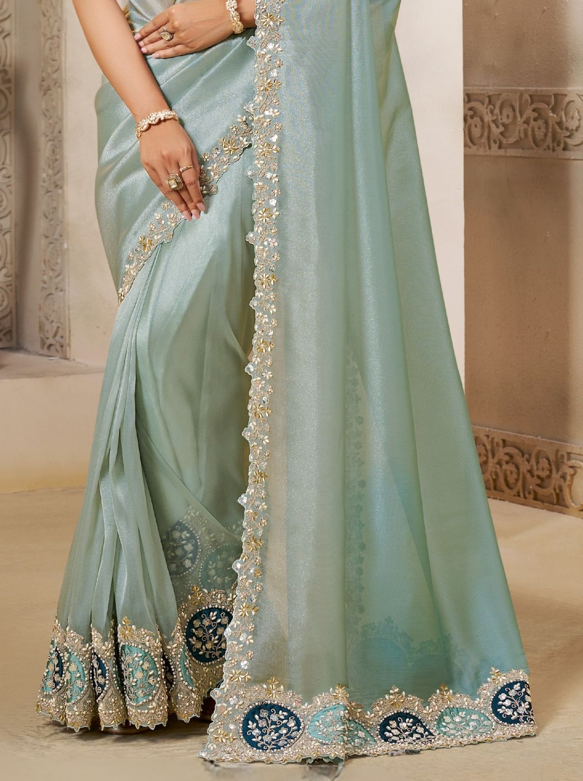Baby Blue Organza Tissue Silk Saree With Stonework