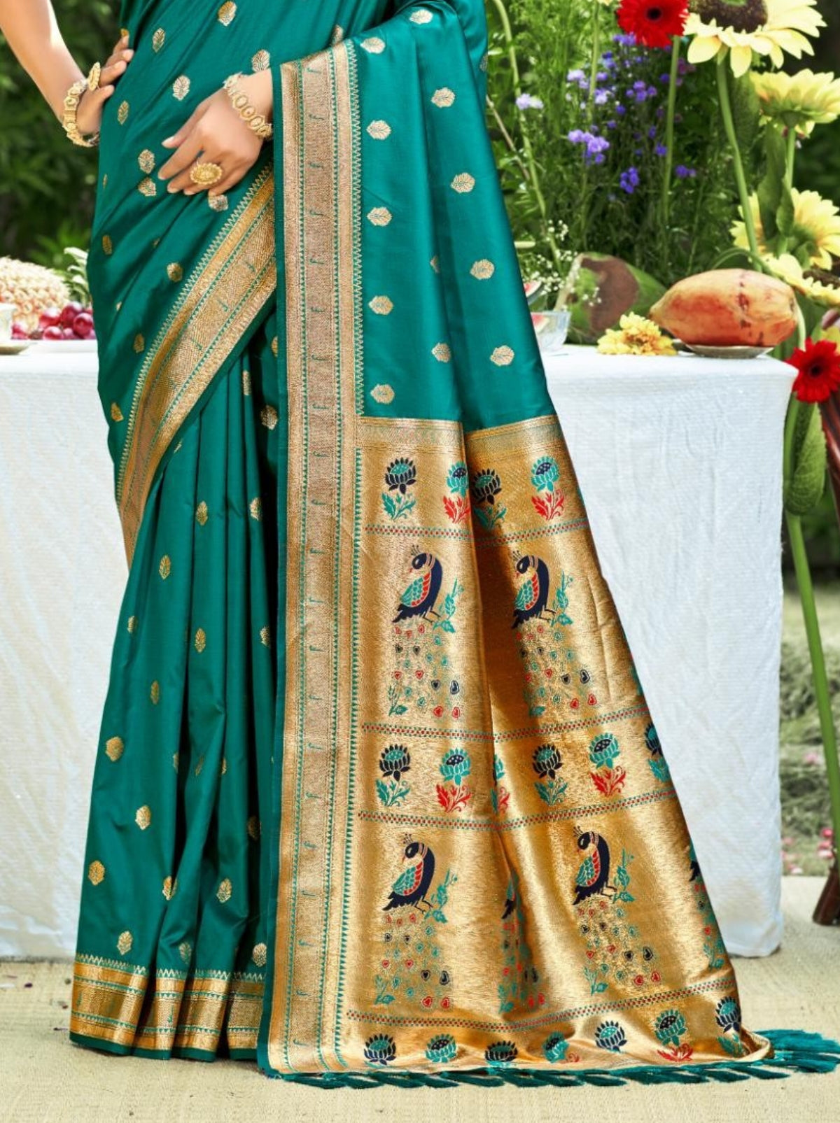 Prussian Blue Designer Paithani Silk Saree with Tassels