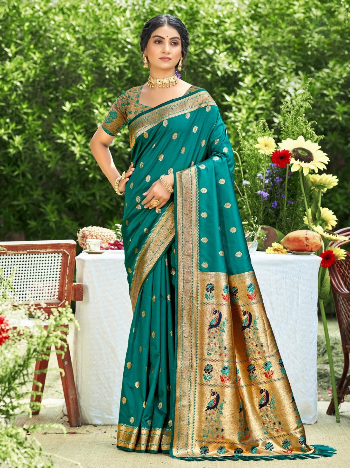 Prussian Blue Designer Paithani Silk Saree with Tassels