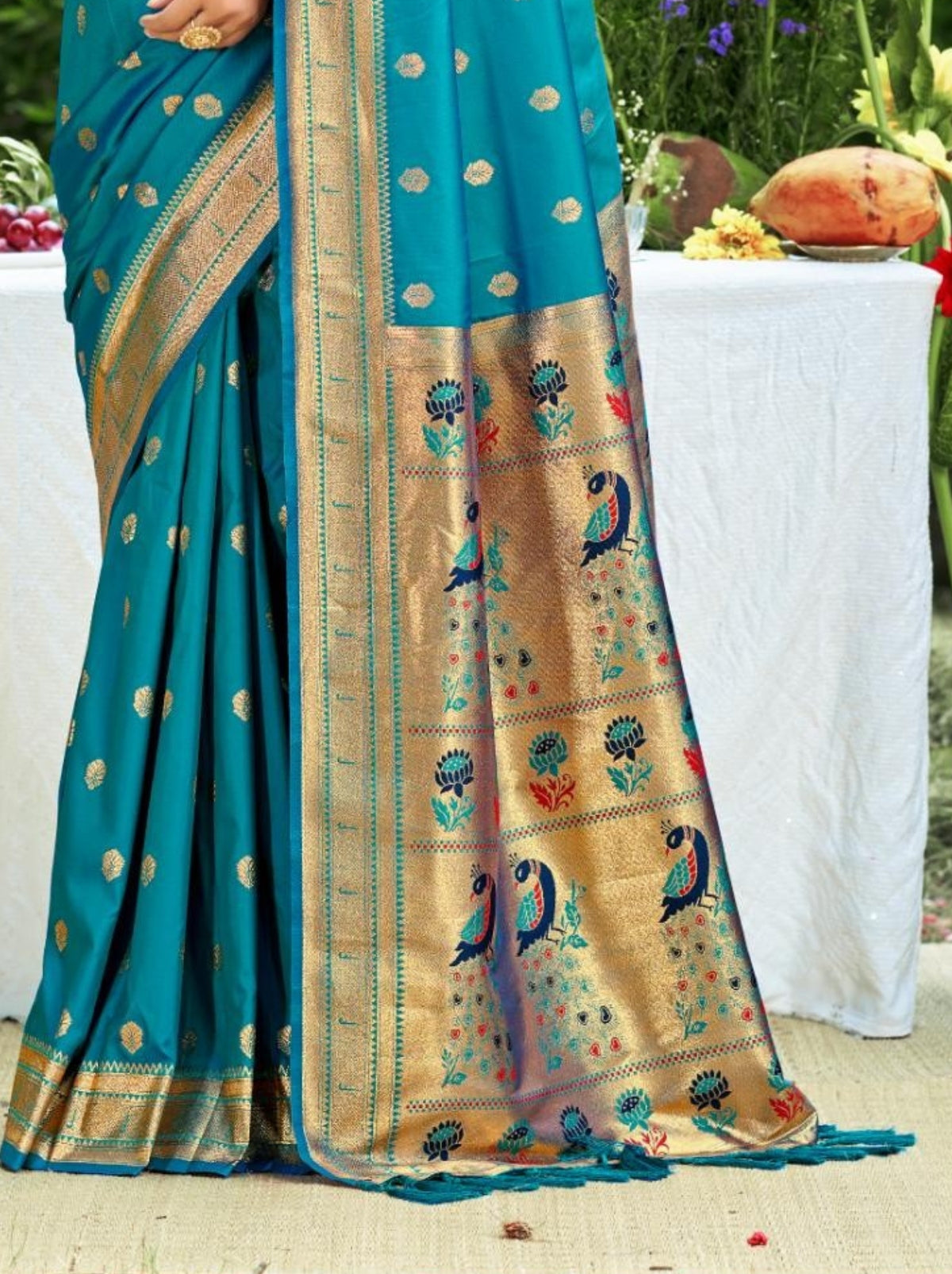 Olympic Blue Designer Paithani Silk Saree with Tassels