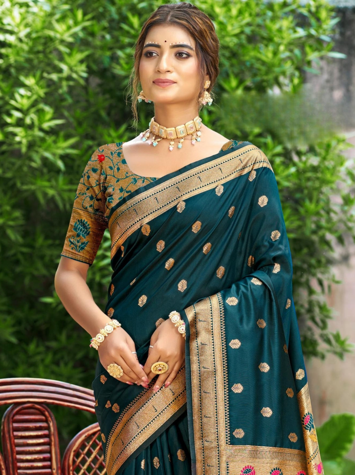 Teal Blue Designer Paithani Silk Saree with Tassels