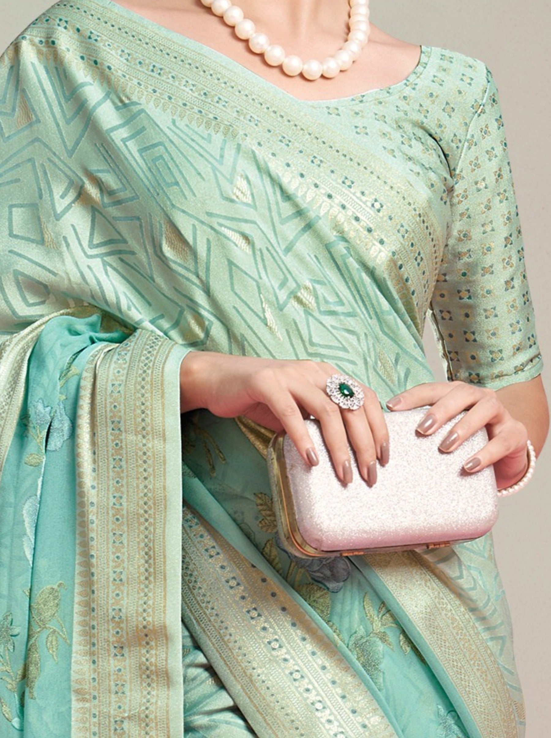 Tiffany Blue Premium Georgette Weightless Celebration Saree - TrendOye