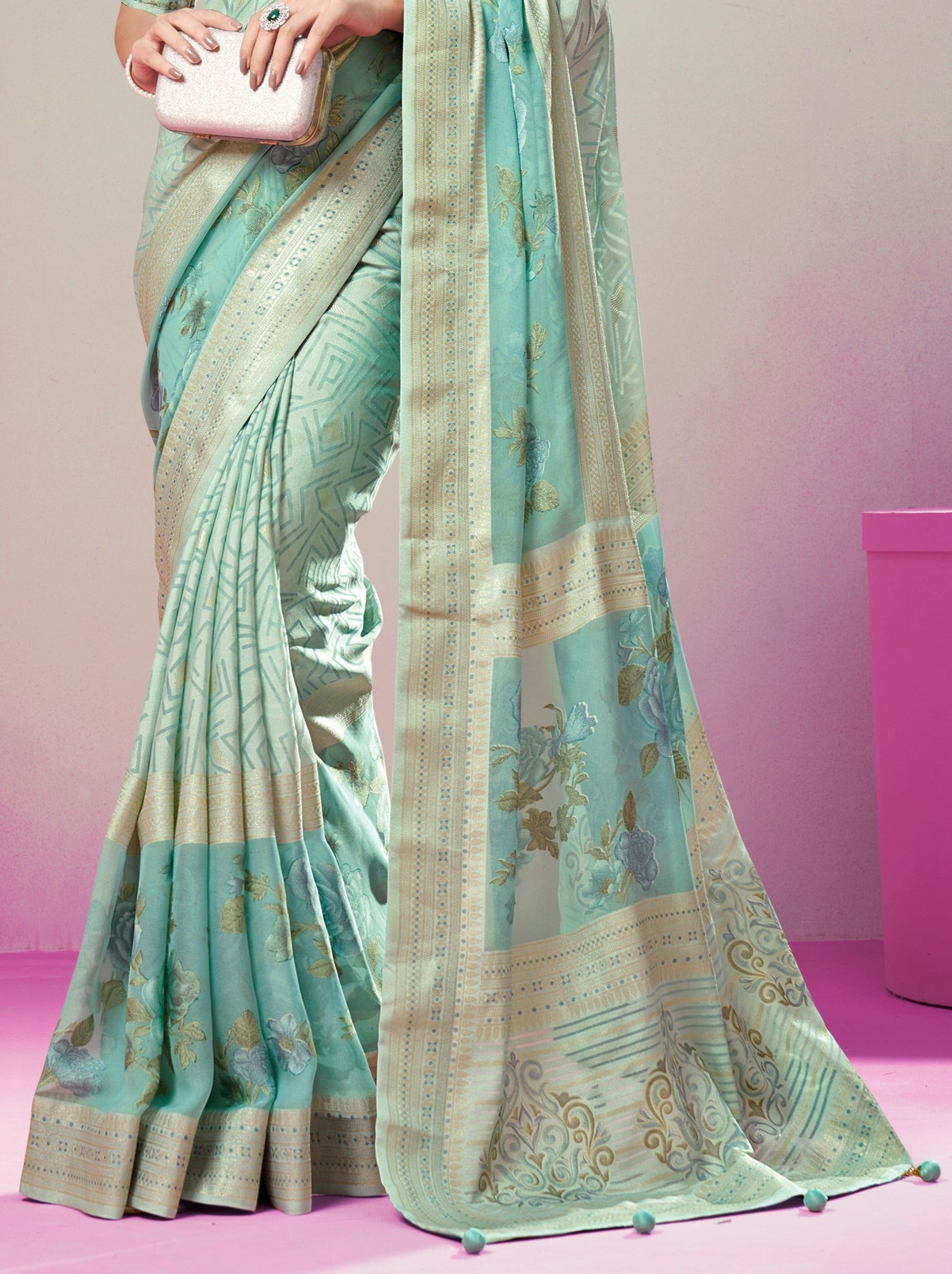 Tiffany Blue Premium Georgette Weightless Celebration Saree - TrendOye