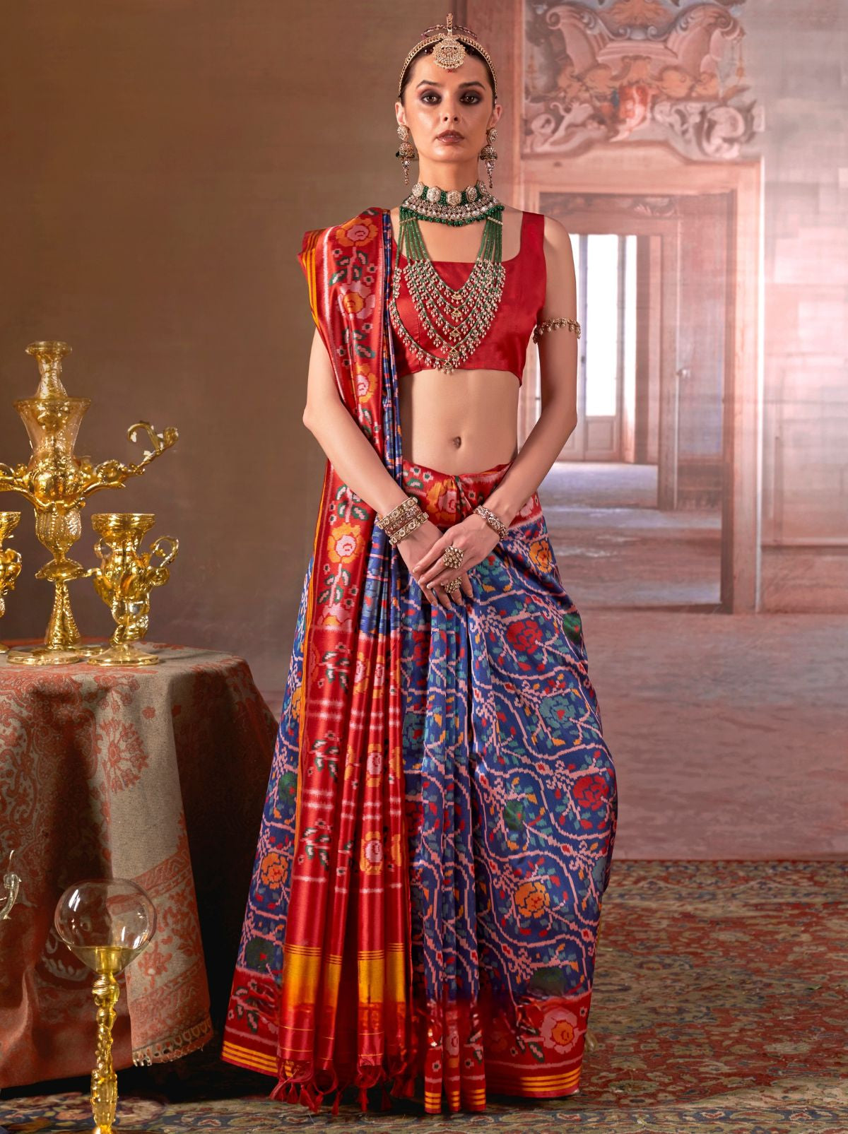 Indigo Blue Patola Silk Saree With Blouse Piece