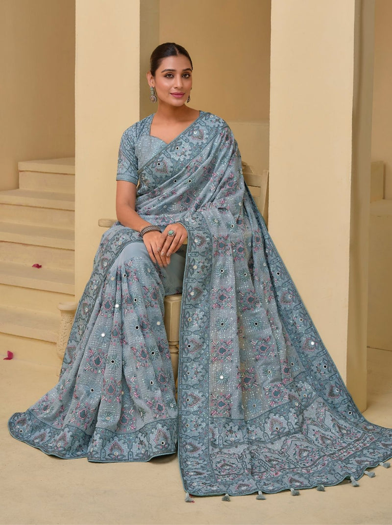 Pigeon Blue Premium Wedding Designer Saree