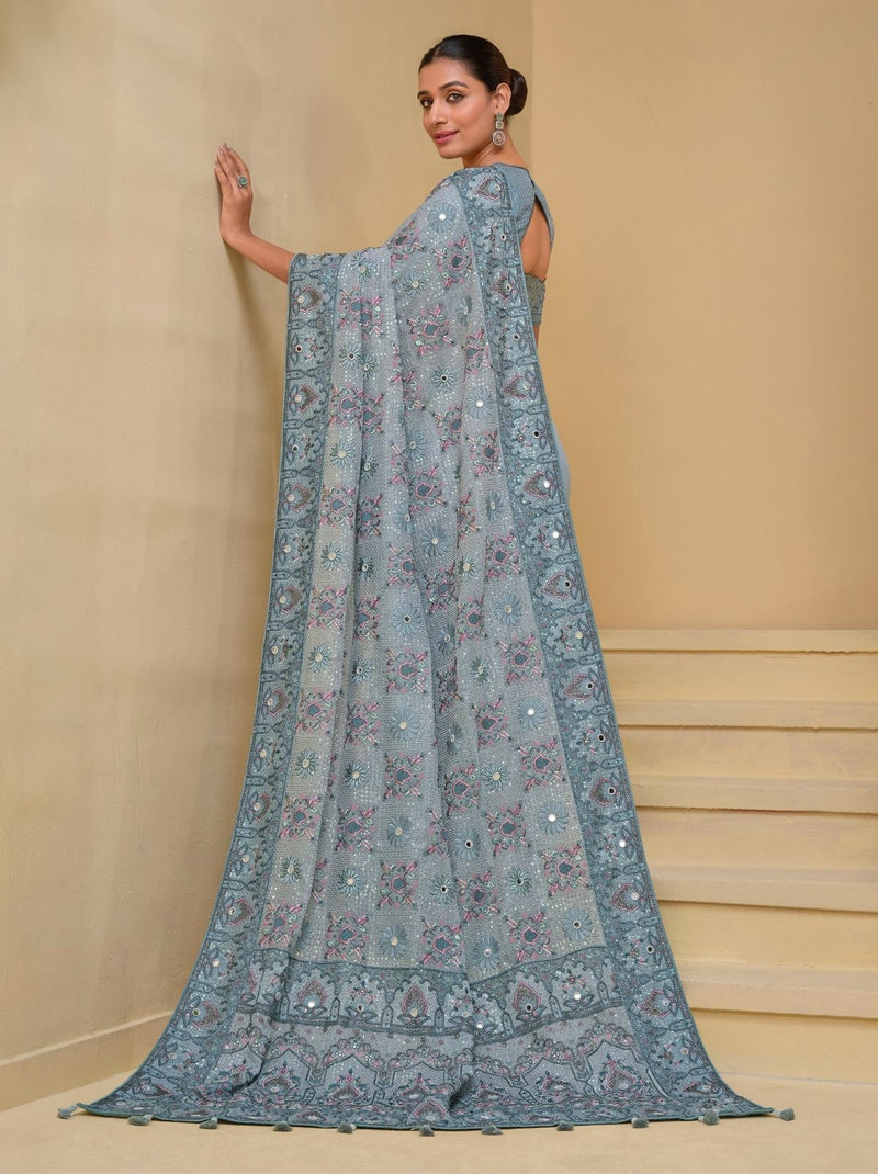 Pigeon Blue Premium Wedding Designer Saree