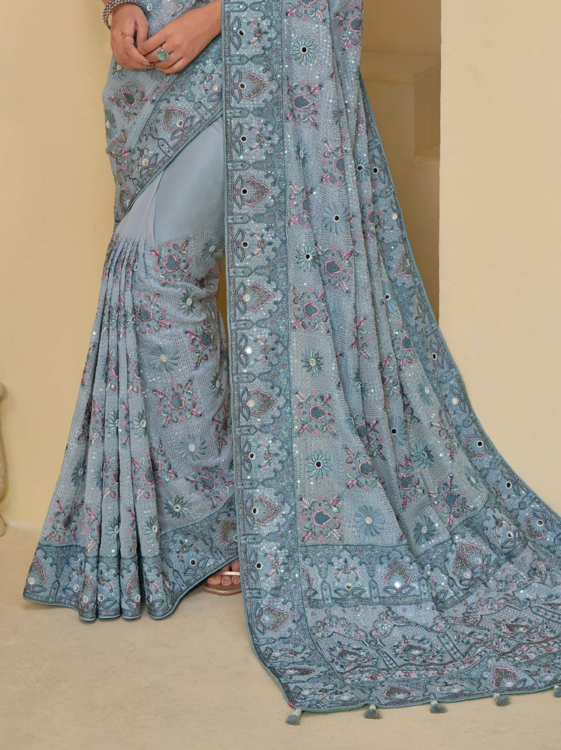 Pigeon Blue Premium Wedding Designer Saree