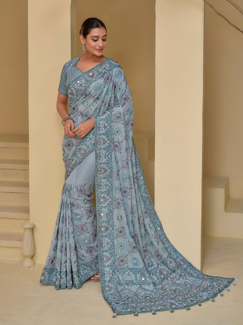 Pigeon Blue Premium Wedding Designer Saree