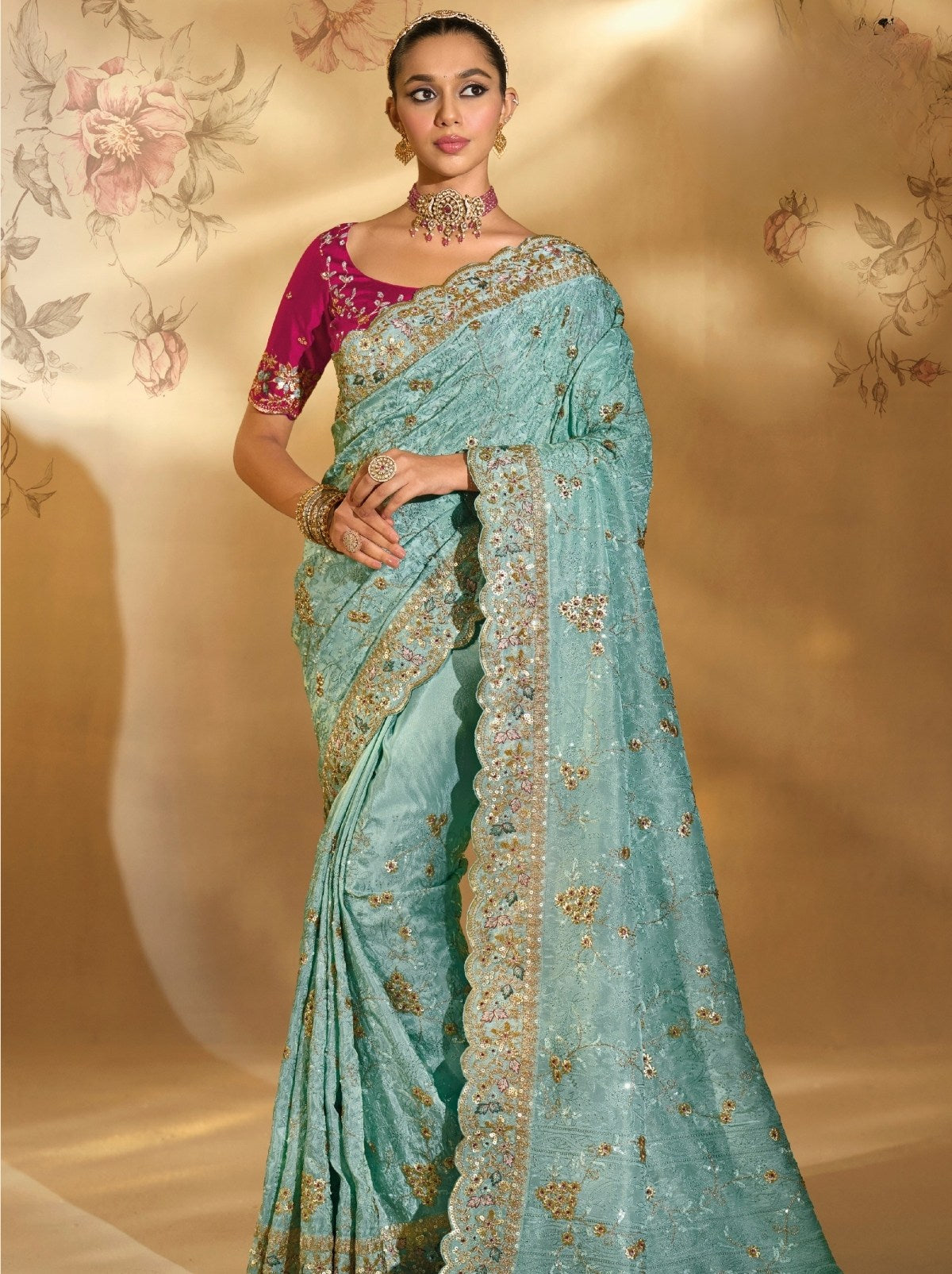 Olympic Blue Premium Banarasi Silk Saree With Sequence Work