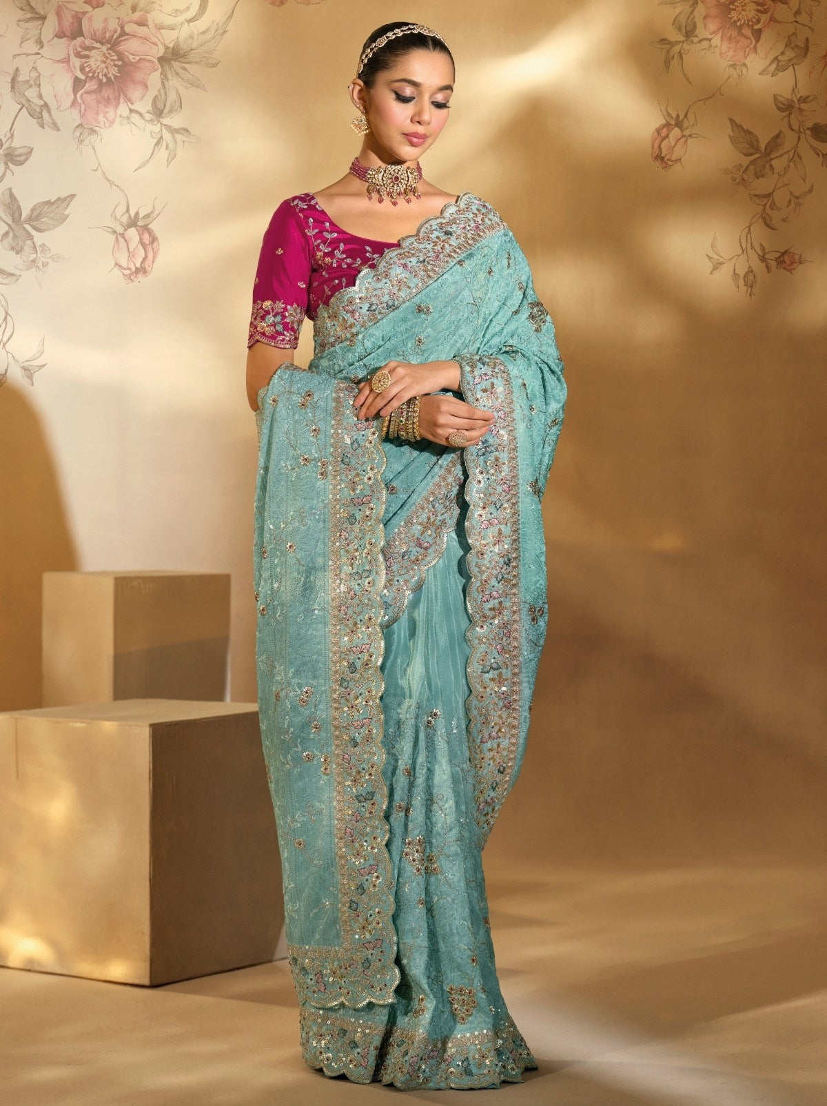 Olympic Blue Premium Banarasi Silk Saree With Sequence Work