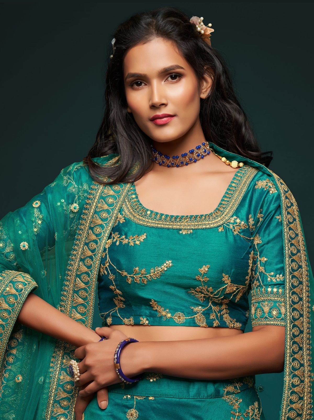 Teal Blue Premium Celebration Lehenga Set With Sequin & Zari Work