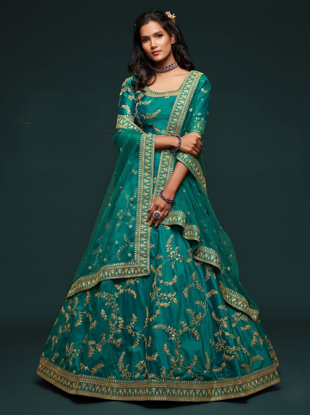 Teal Blue Premium Celebration Lehenga Set With Sequin & Zari Work