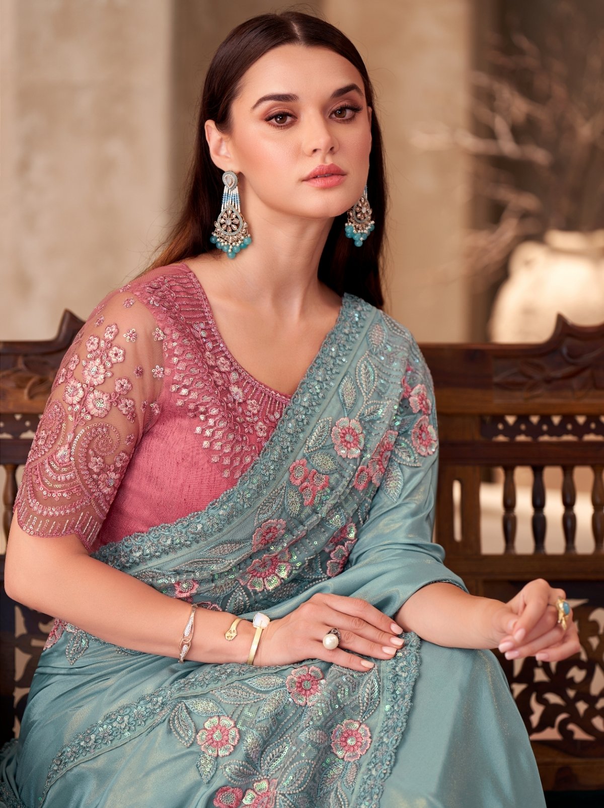 Sky Blue Premium Crepe Saree With Blouse Piece