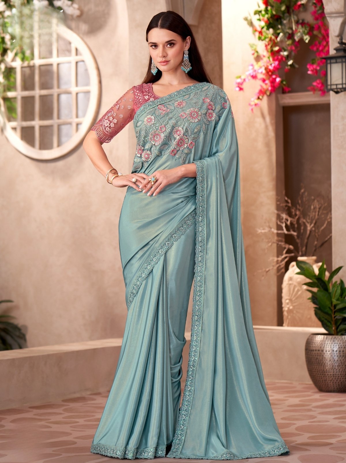Sky Blue Premium Crepe Saree With Blouse Piece
