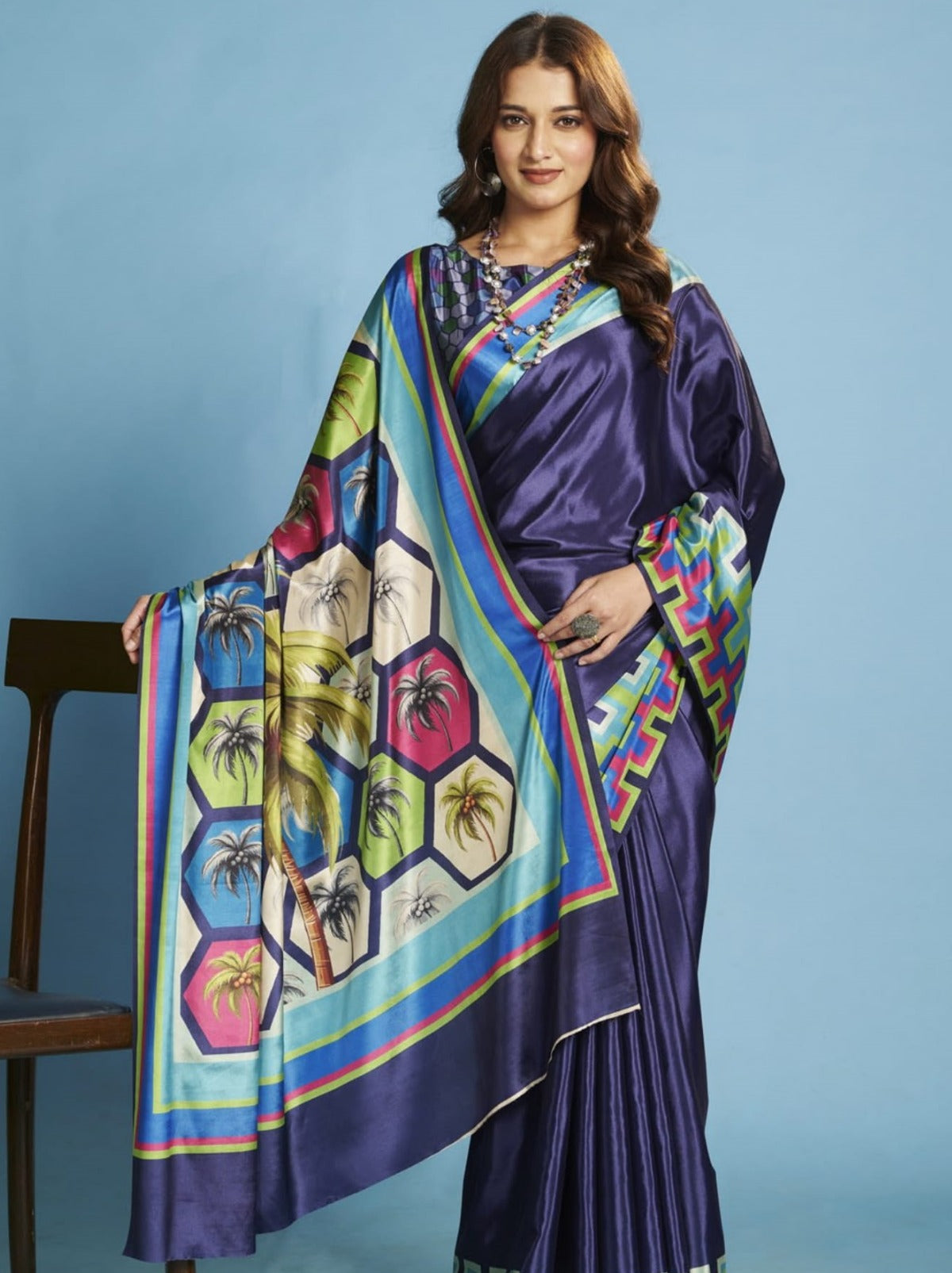 Space Blue Premium Crepe Silk Saree With Abstract Print