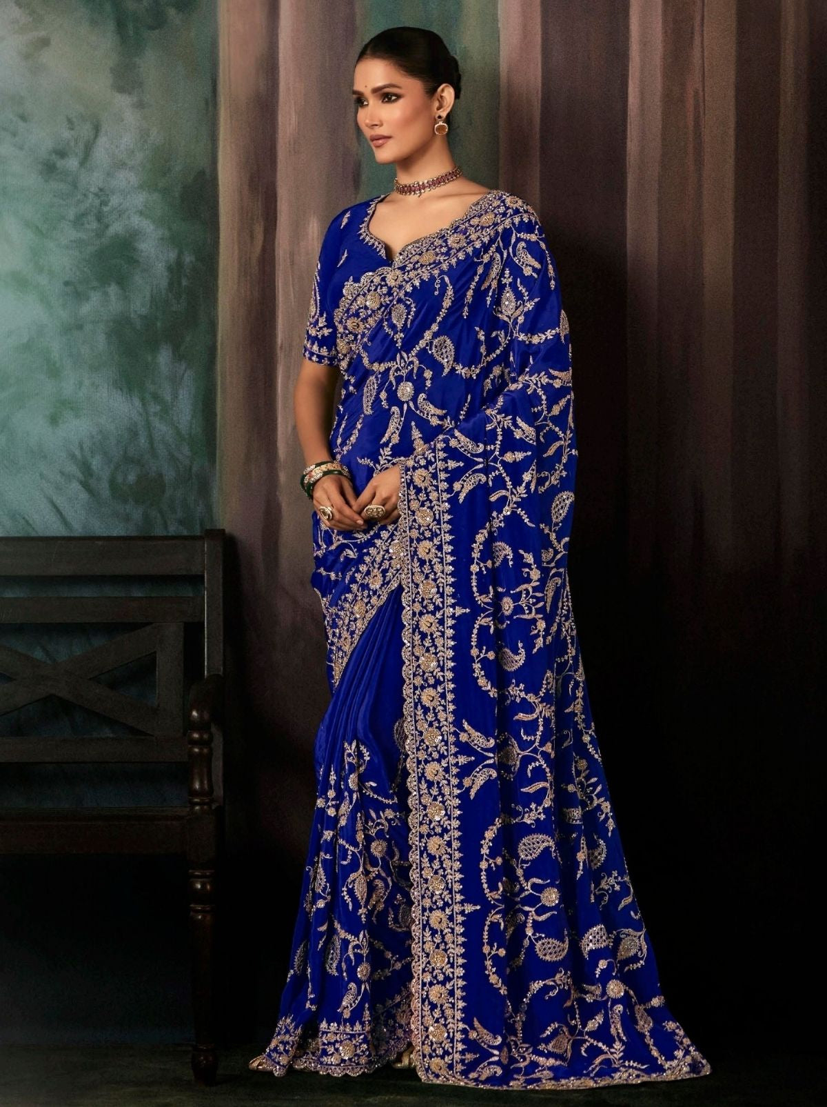 Navy Blue Premium Crepe Silk Saree With Blouse Piece