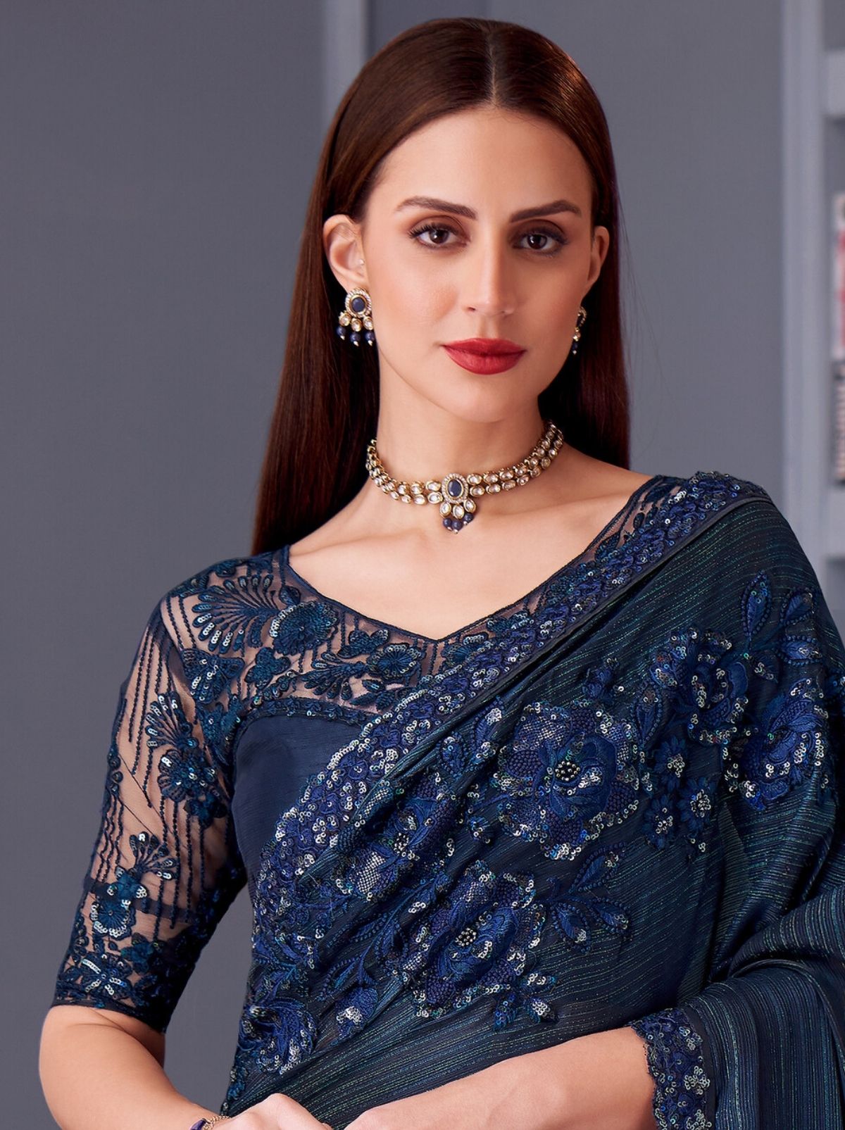 Deep Blue Party Designer Saree - TrendOye