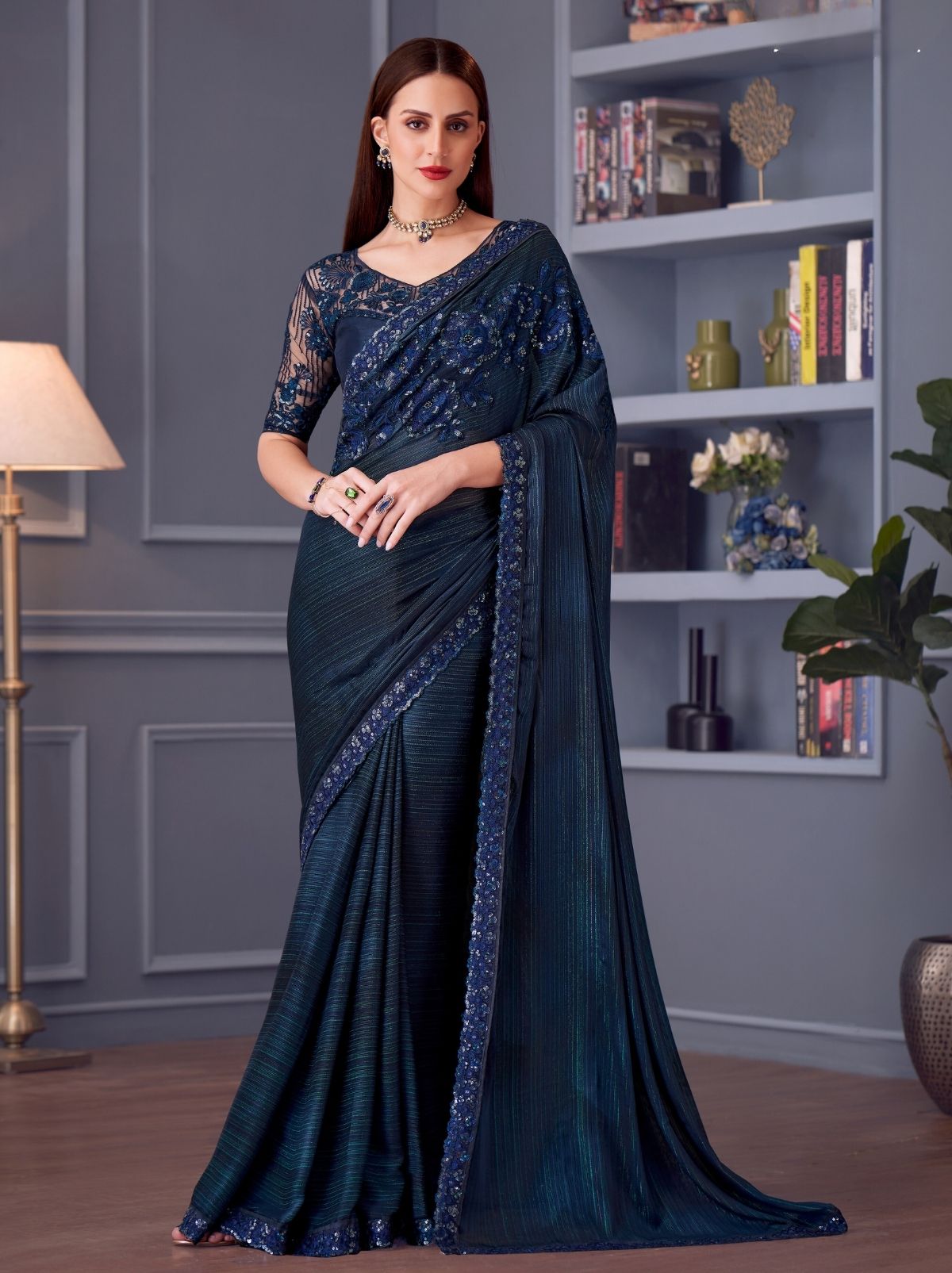 Deep Blue Party Designer Saree - TrendOye