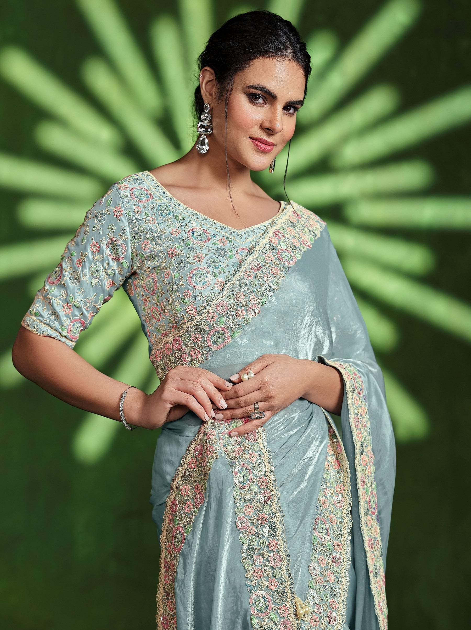 Tiffany Blue Celebration Saree - TrendOye