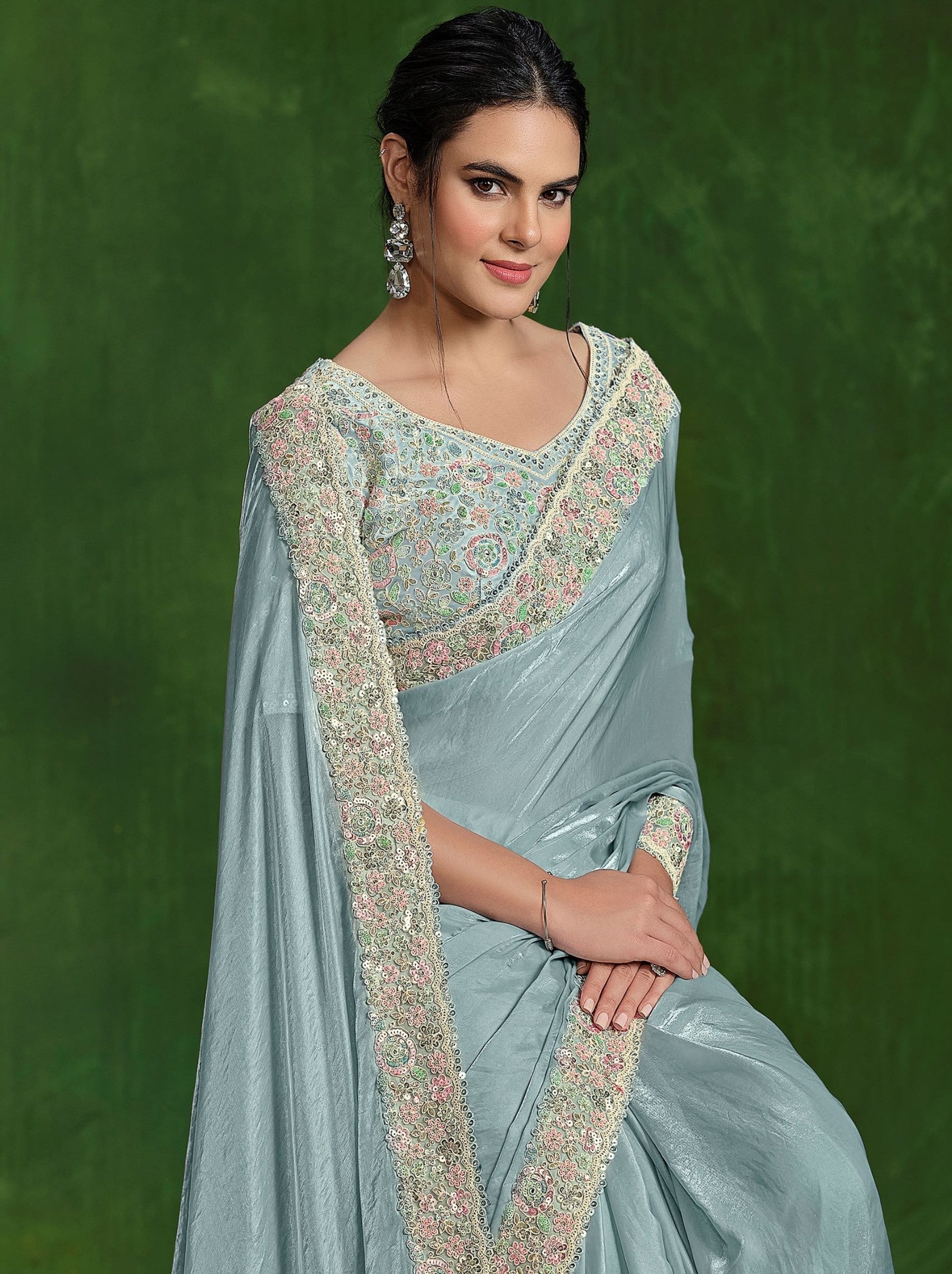 Tiffany Blue Celebration Saree - TrendOye
