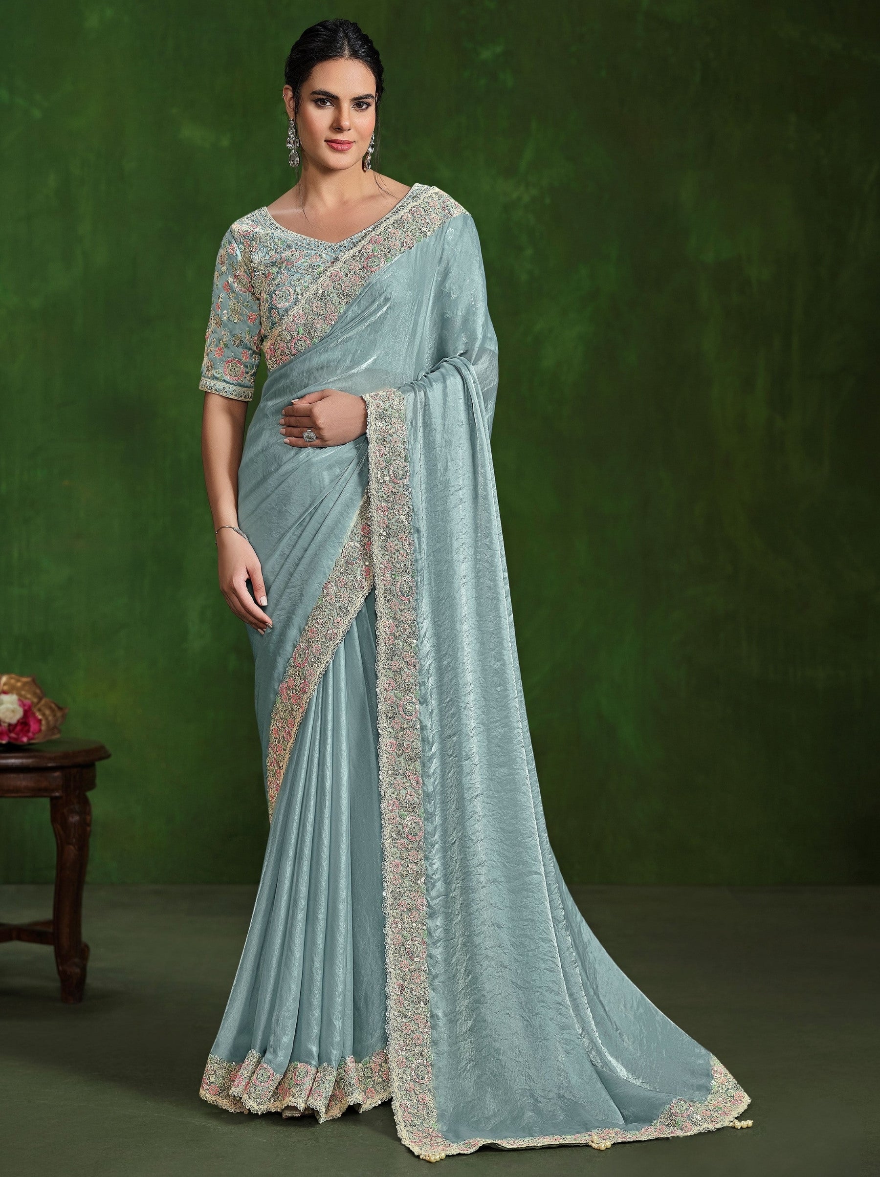 Tiffany Blue Celebration Saree - TrendOye