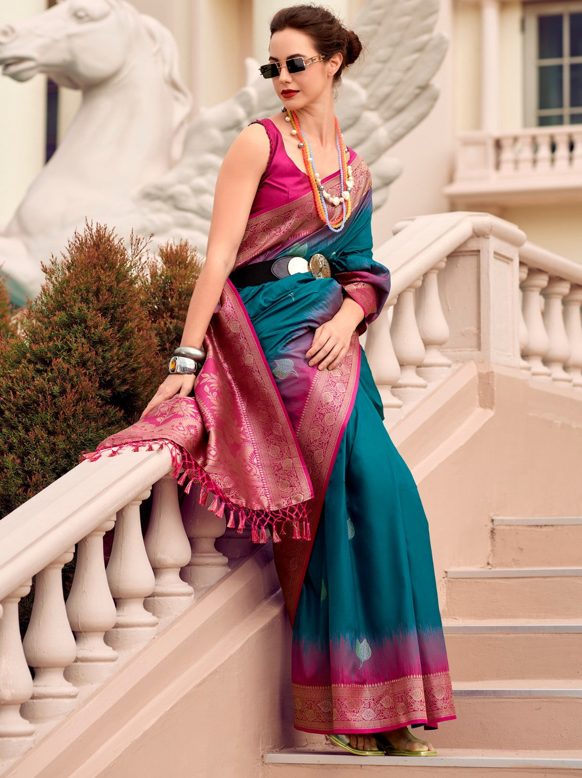 Prussian Blue Celebration Saree - TrendOye