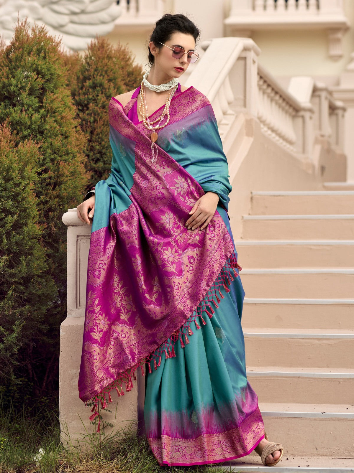 Steel Blue Celebration Saree - TrendOye