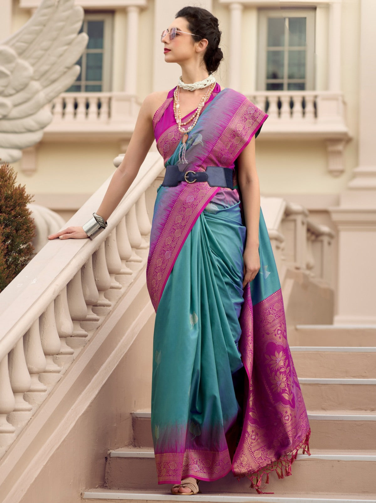 Steel Blue Celebration Saree - TrendOye
