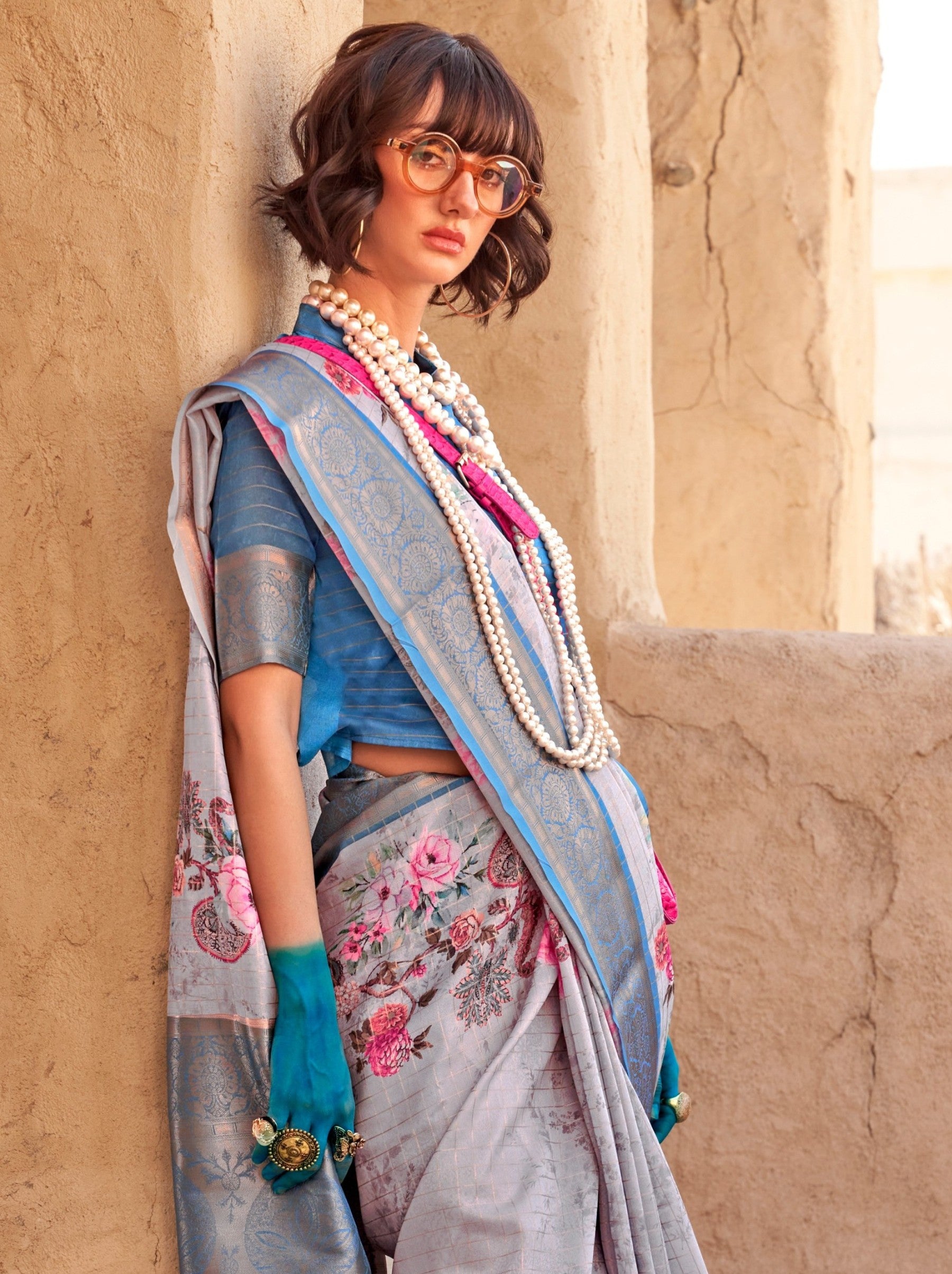 Cornflower Blue Fancy Digital Print Celebration Georgette Saree - TrendOye