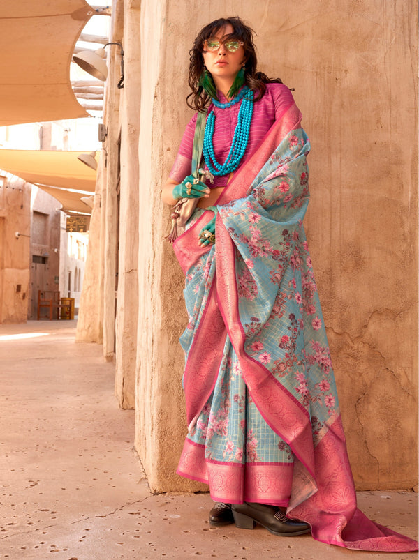 Tiffany Blue Digital Print Celebration Georgette Saree