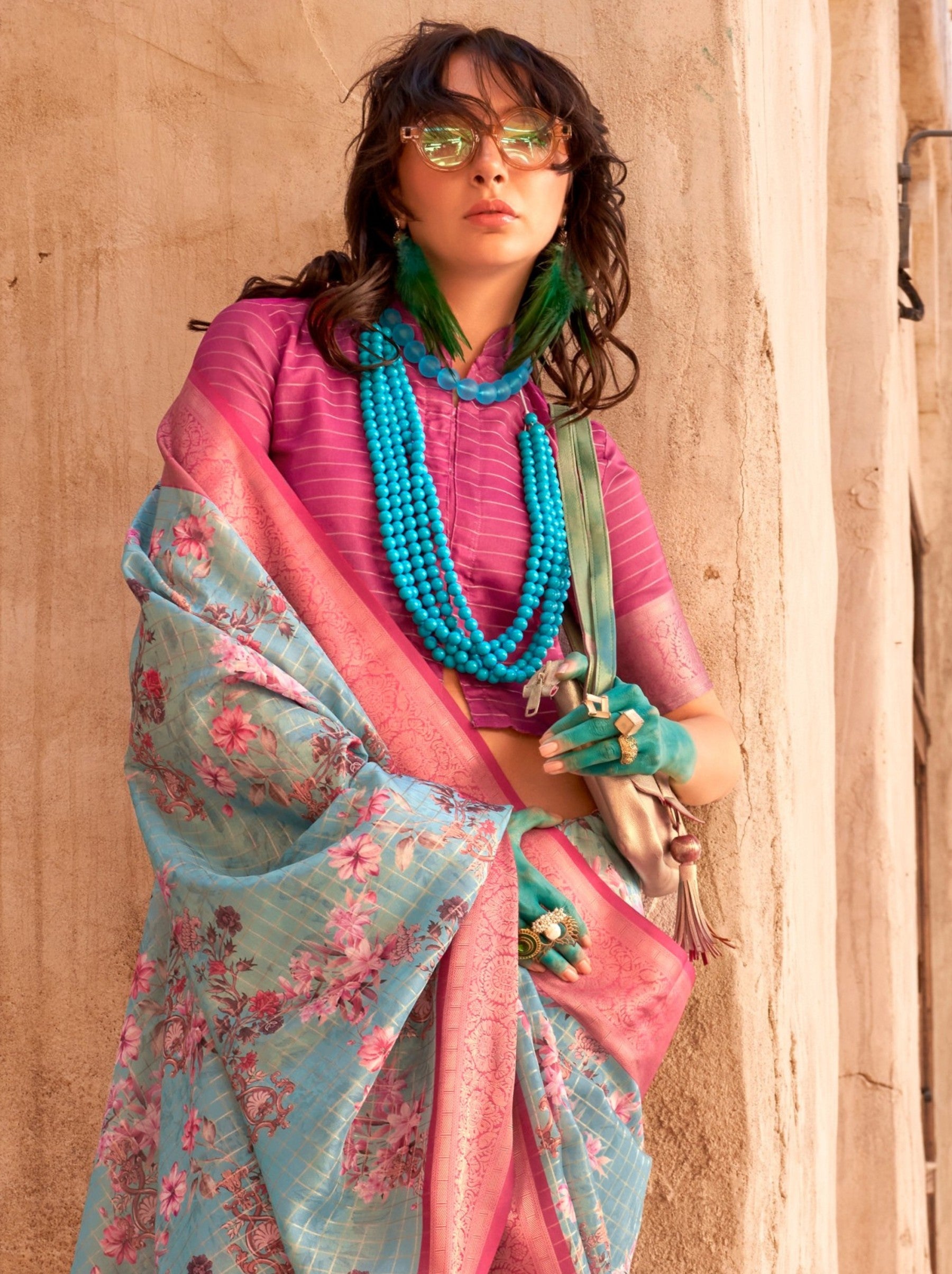 Tiffany Blue Digital Print Celebration Georgette Saree - TrendOye