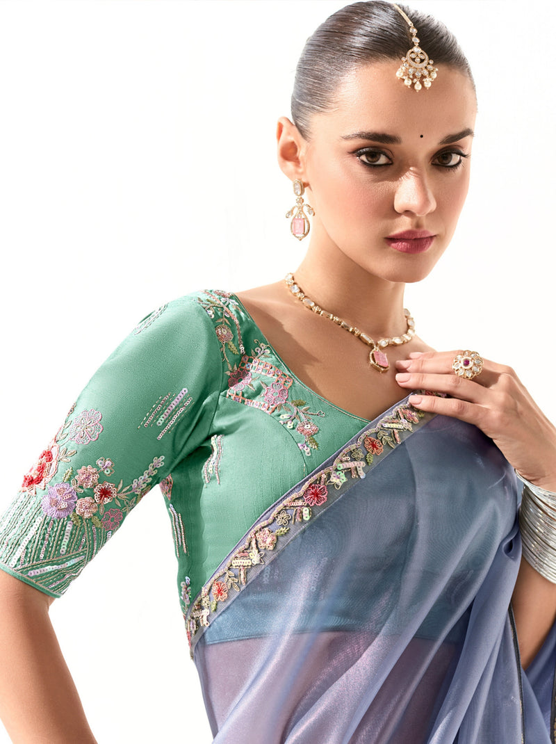 Pigeon Blue Organza Tissue Ethnic Saree With Embroidered Border