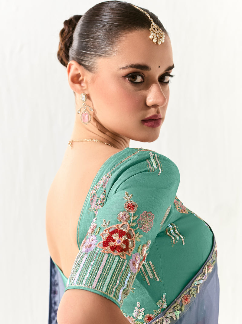 Pigeon Blue Organza Tissue Ethnic Saree With Embroidered Border