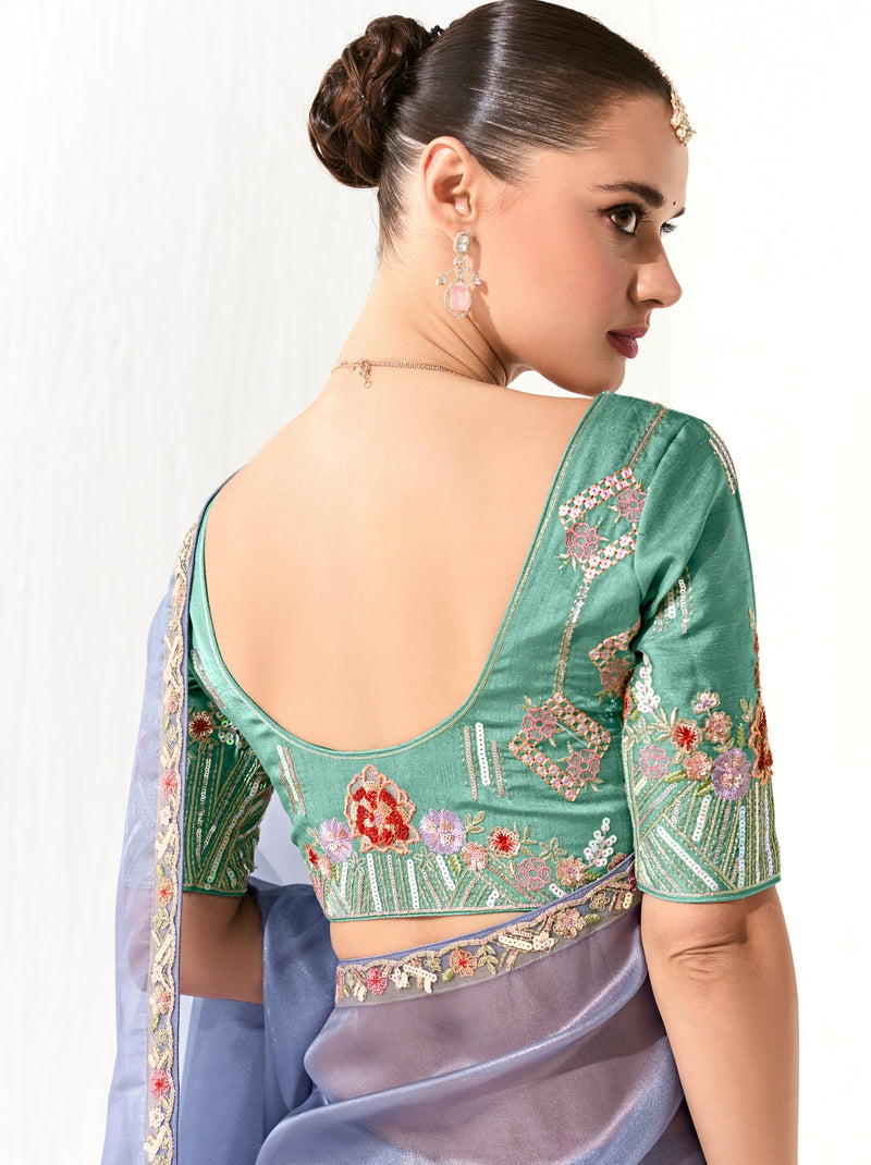Pigeon Blue Organza Tissue Ethnic Saree With Embroidered Border
