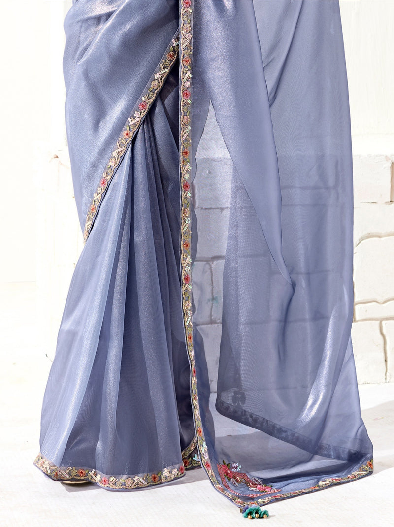 Pigeon Blue Organza Tissue Ethnic Saree With Embroidered Border