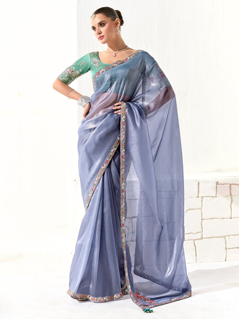Pigeon Blue Organza Tissue Ethnic Saree With Embroidered Border