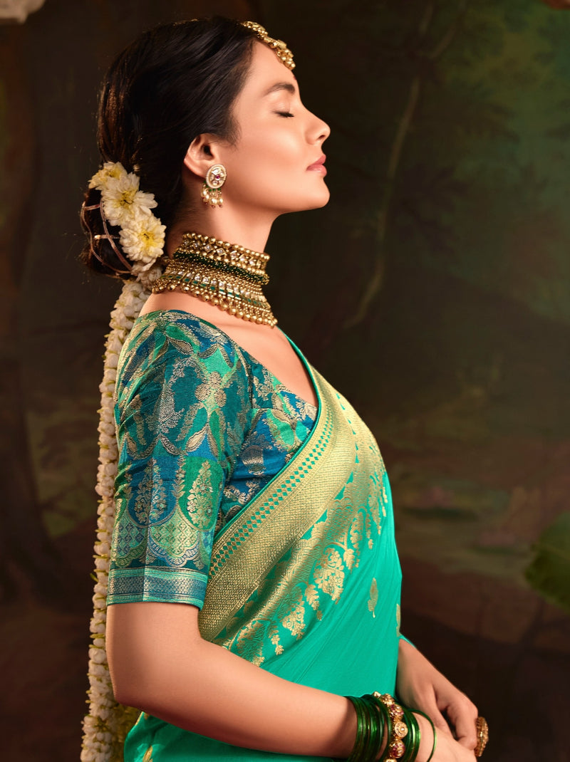 Teal Blue Wedding And Party Designer Saree