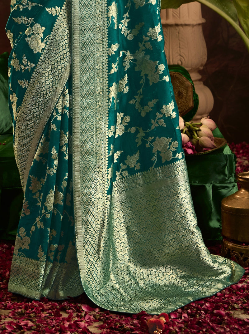 Peacock Blue Wedding And Party Designer Saree