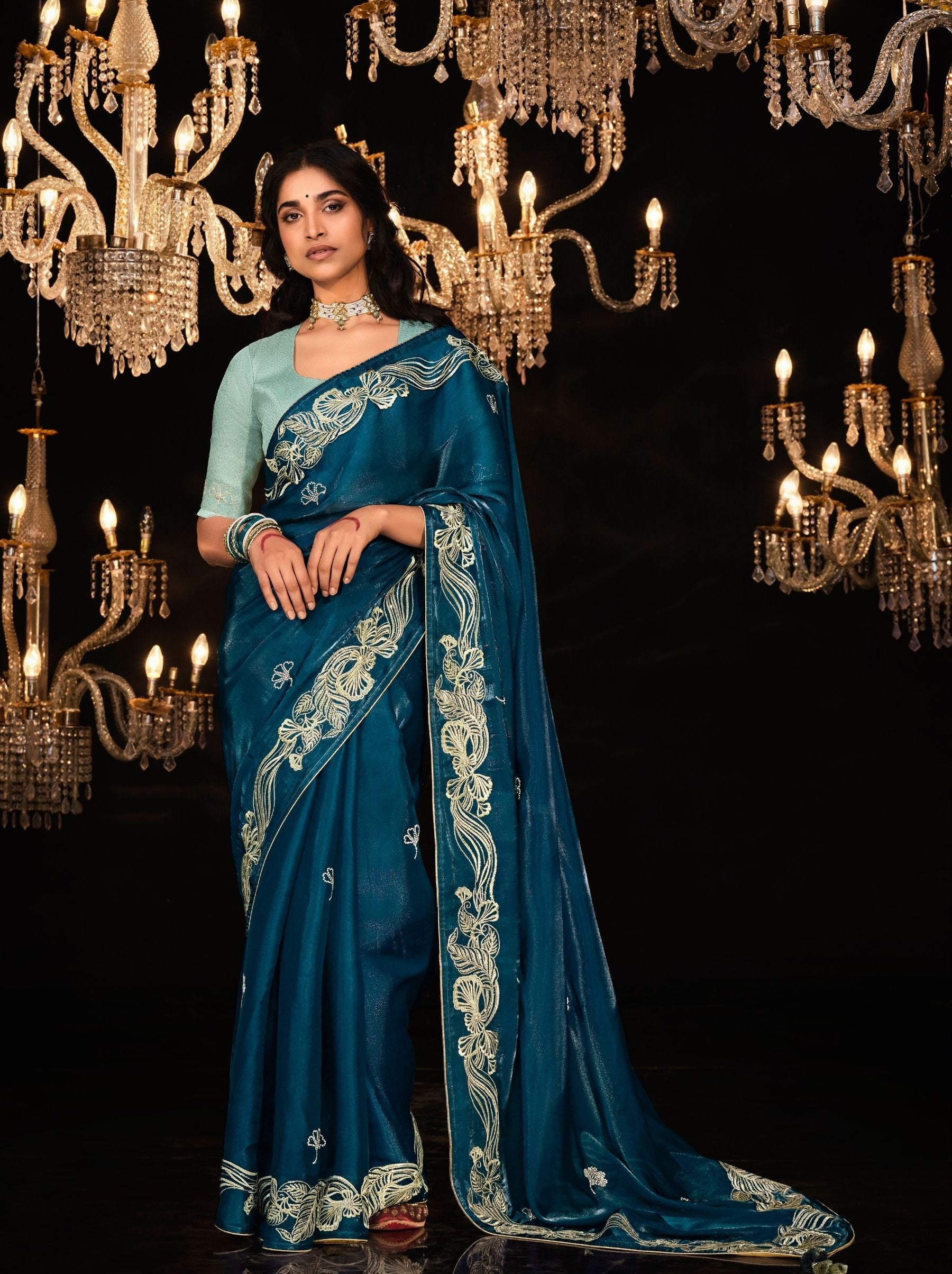 Prussian Blue Premium Fancy Designer Wedding Saree - TrendOye