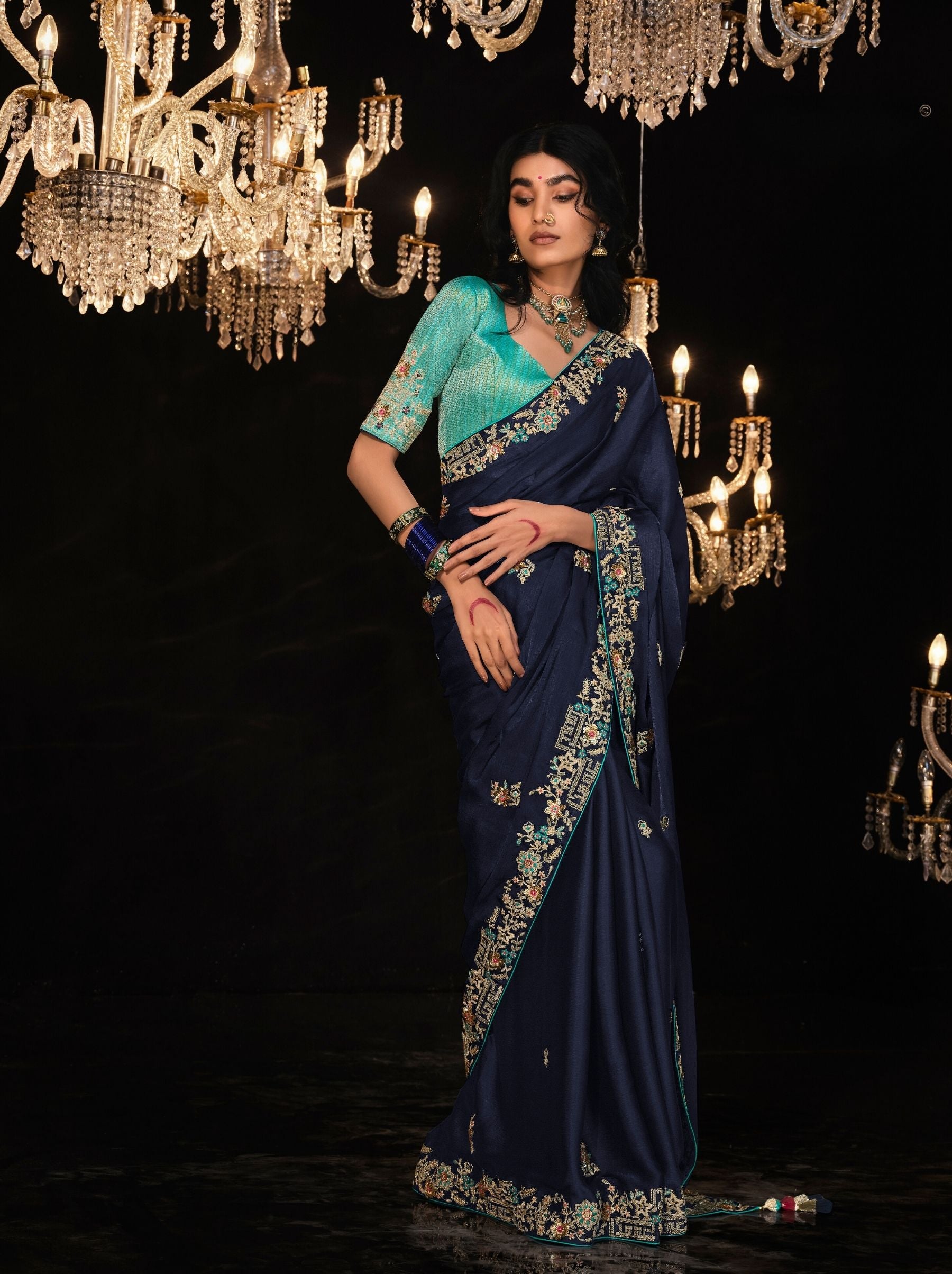 Space Blue Premium Fancy Designer Wedding Saree - TrendOye