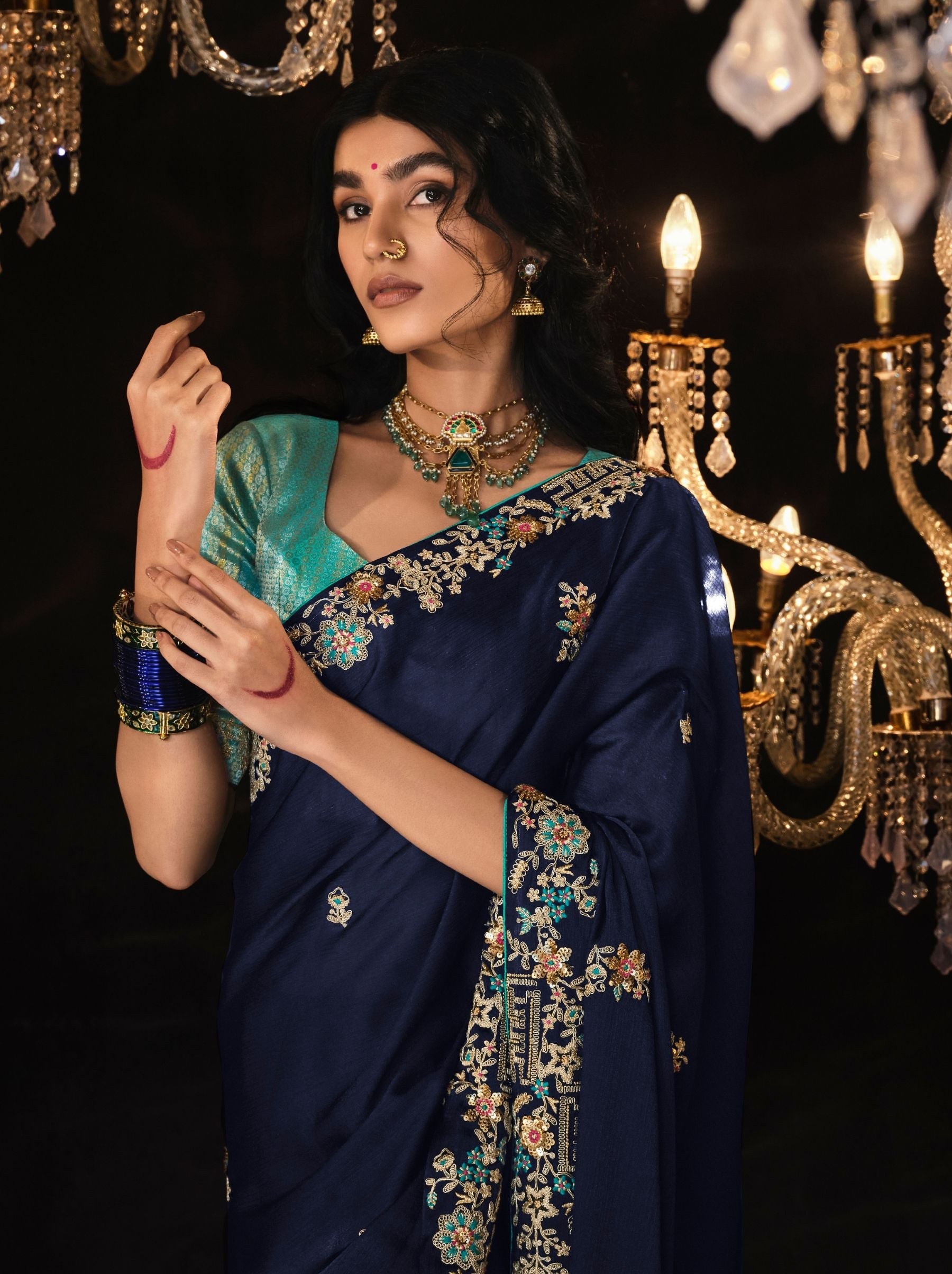 Space Blue Premium Fancy Designer Wedding Saree - TrendOye